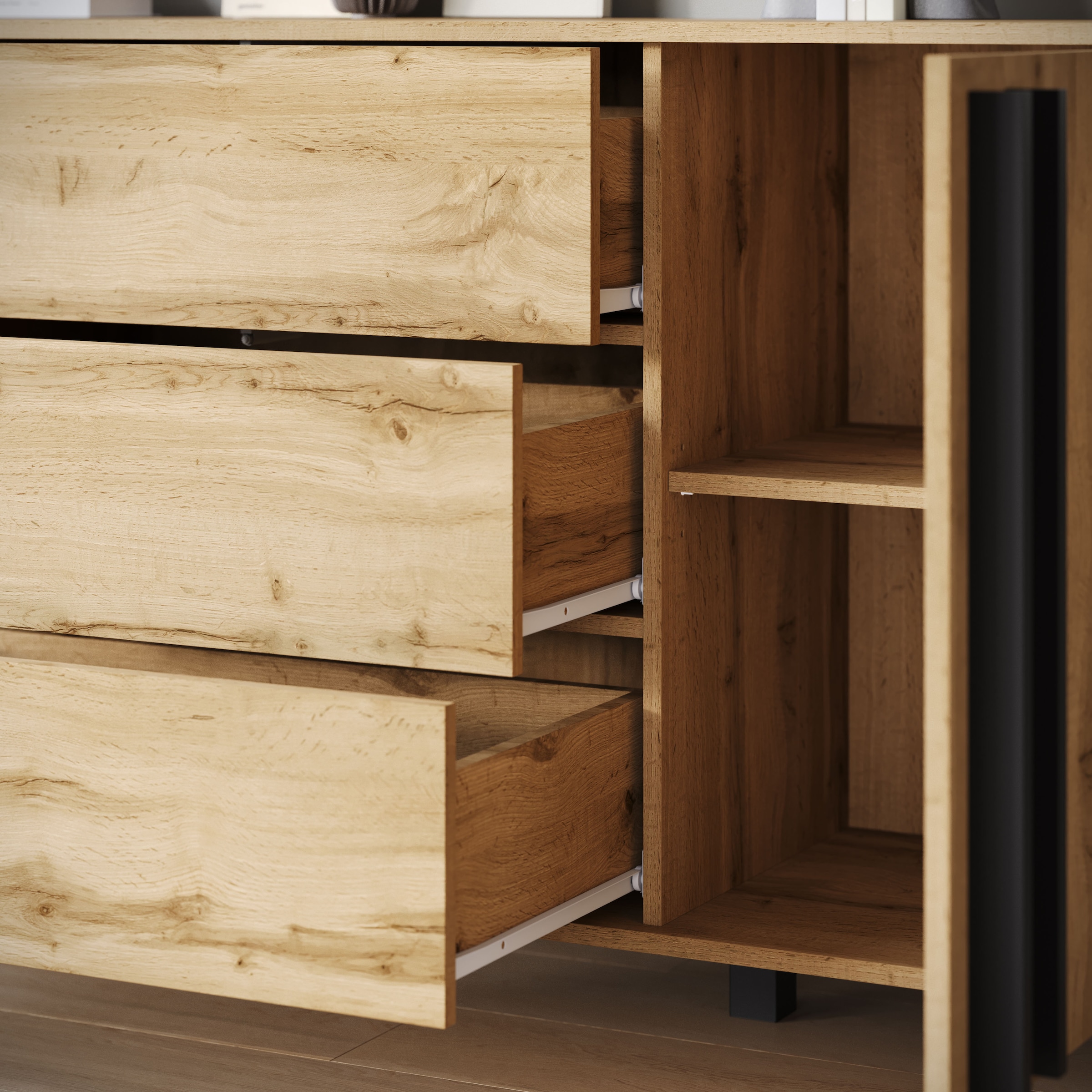Home affaire Buffet »Helsinki, Kommode mit 2 Türen und 3 Schubladen, Breite 150 cm« 1 cuis tlg. Tiroirs push-to-open, étagères réglables en hauteur