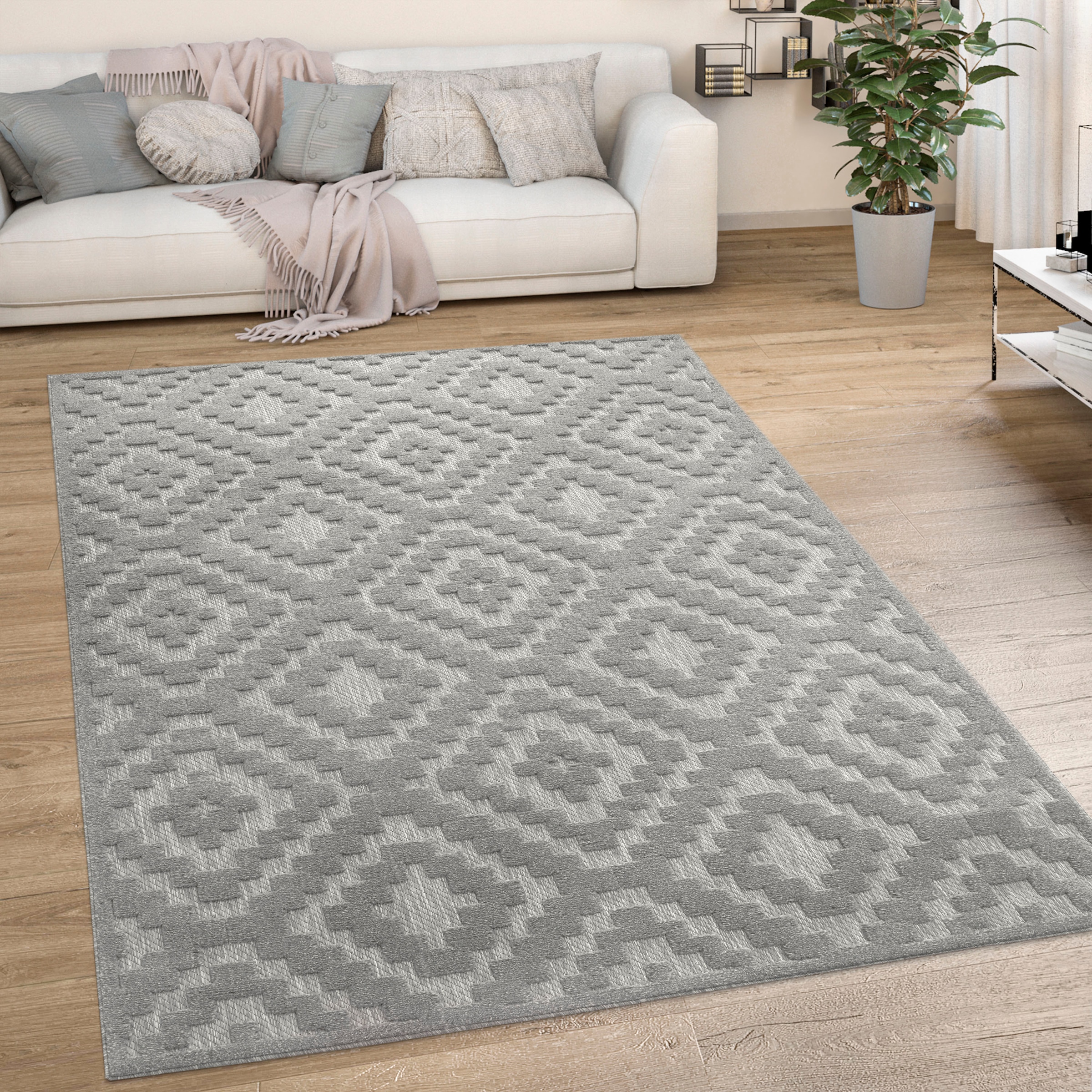 Paco Home Teppich »Livorno 672«, rechteckig, 14 mm Höhe, Uni-Farben, Scandi, Rauten Muster, Hoch-Tief Effekt, Outdoor geeignet