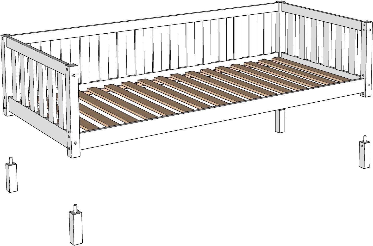 Vipack Kinderbett »Dallas, massiv Bett, Rausfallschutz, umbaubar vom Boden- zum Daybett« inkl. Rolllattenrost und Sprossenumrandung, 90 oder 140x200 cm breit,  stabil und standfest gebaut, wahlweise Kiefer massiv natur oder weiss