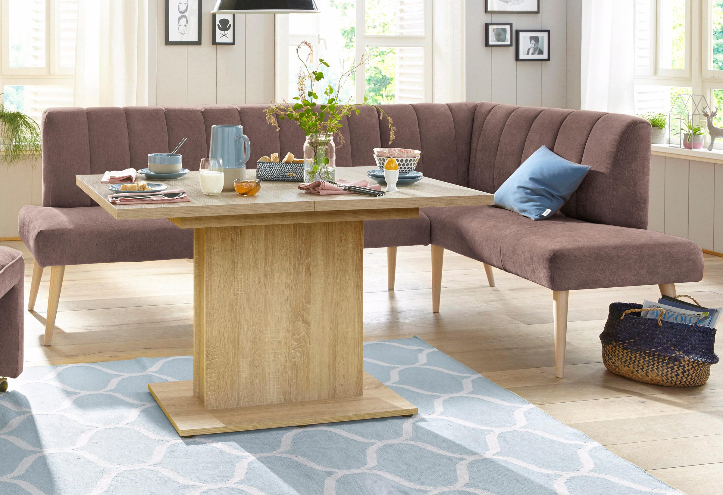 exxpo - sofa fashion Eckbank »Costa, moderne Rückensteppung, bequem und elegant, hoher Holzfuss«, hochwertig verarbeitet, Frei im Raum stellbar