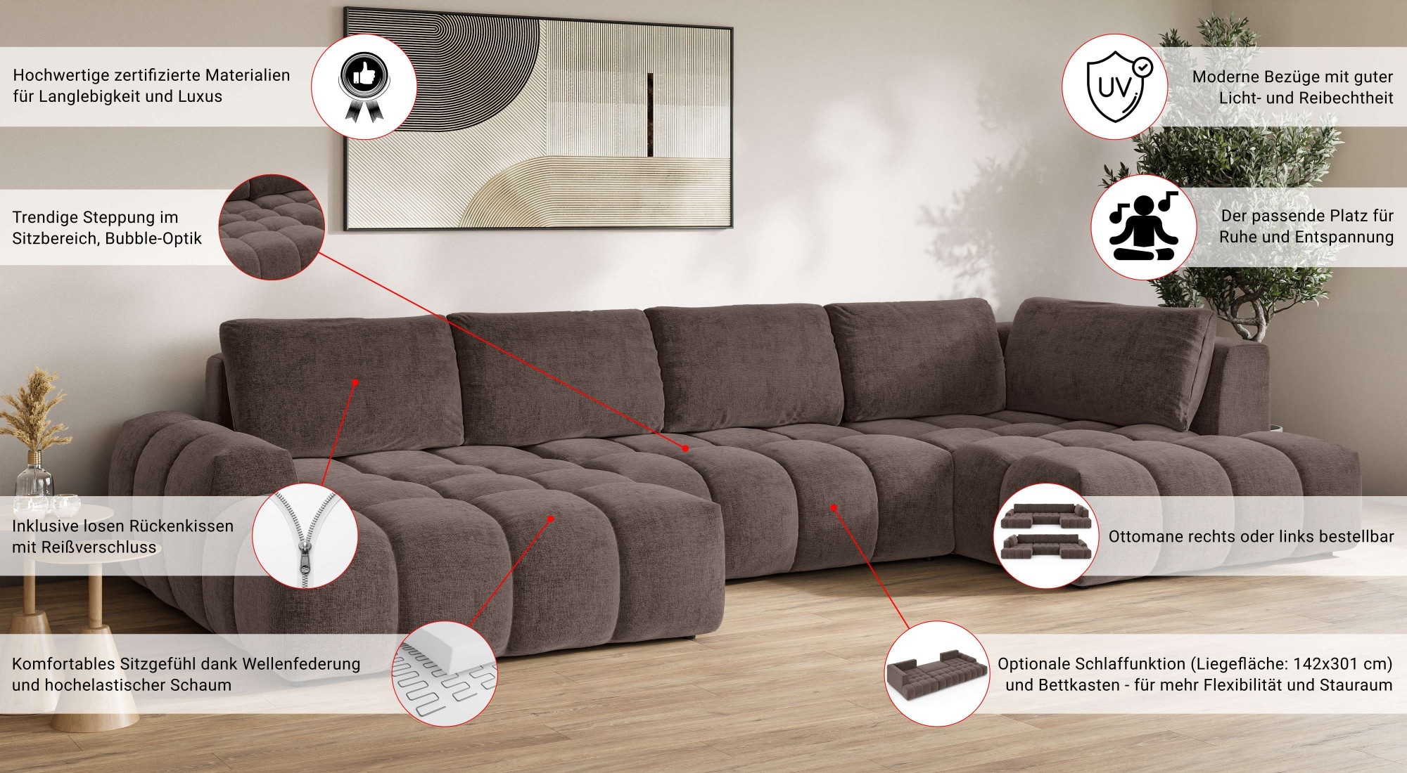 GOODproduct Wohnlandschaft »AZITA U-Form, Breite 363 cm - OTTO. Verlässliche Qualität.« wahlweise als Schlafsofa mit Bettkasten, Bubble-Optik
