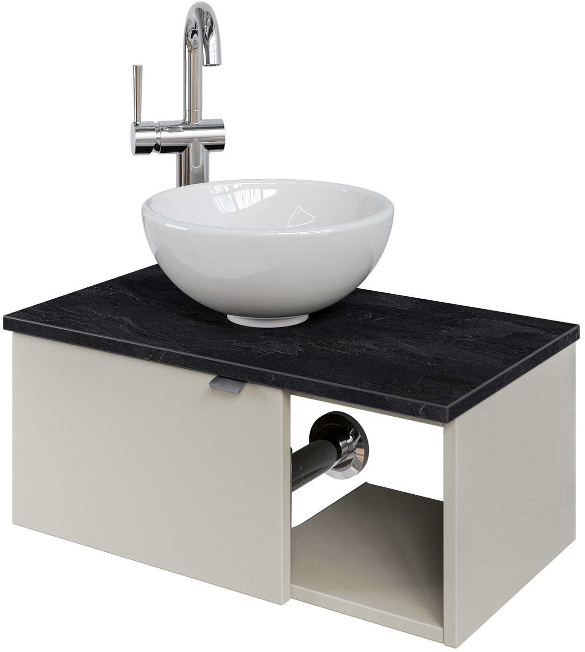 Saphir Waschtisch "Serie 6915 Waschschale mit Unterschrank für Gästebad, Gäste WC" Keramik-Aufsatzbecken, Waschtischplatte, Waschtischunterschrank, 3 Stk. tlg. 61 cm mit Keramik-Aufsatzbecken, 1 Tür und 1 Fach