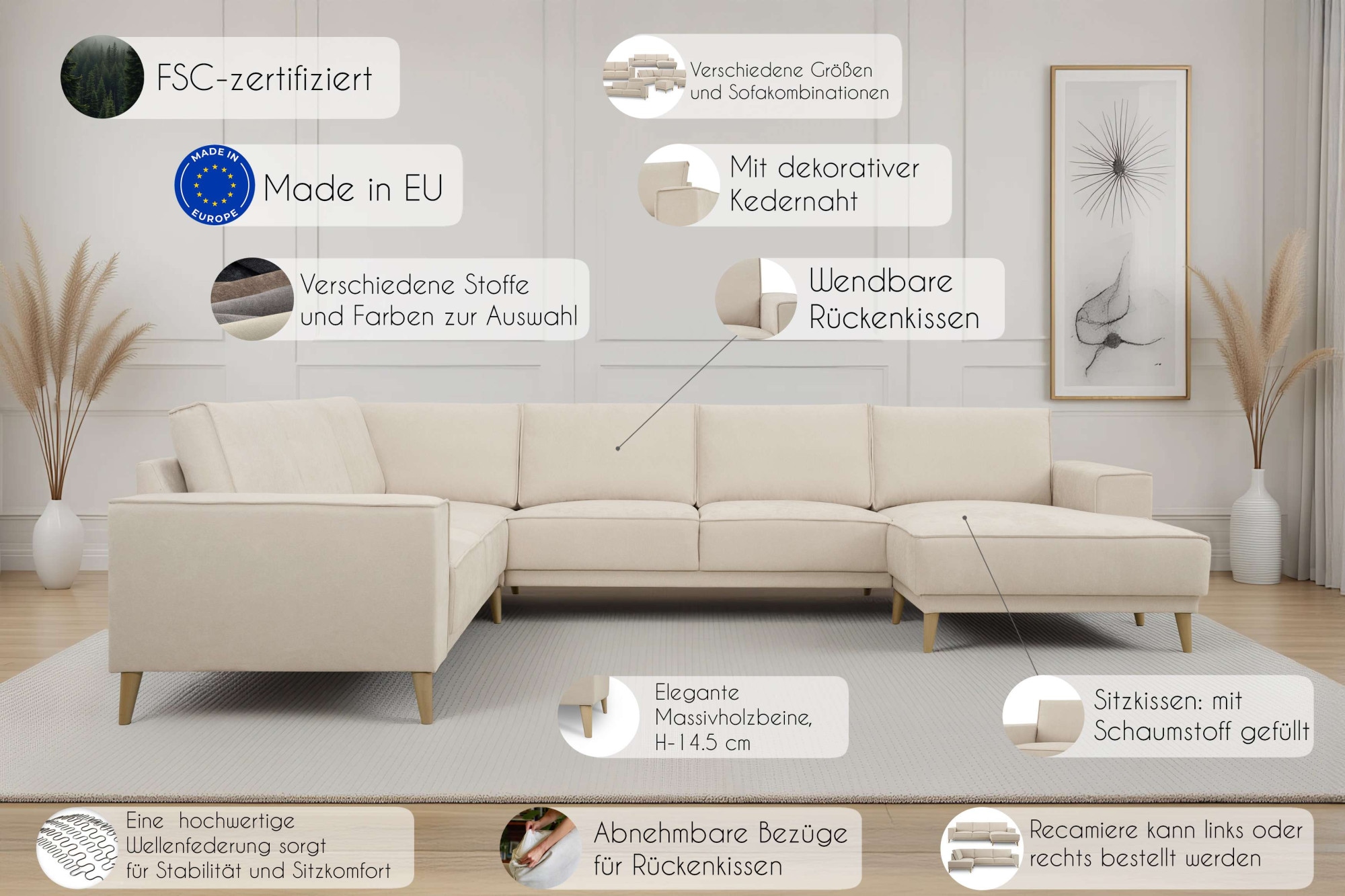 GOODproduct Wohnlandschaft »Oland Skandi, weicher Chenille-Stoff« U-Form, 342 cm, Wellenunterfederung, Skandi-Design, Massivholzfüsse