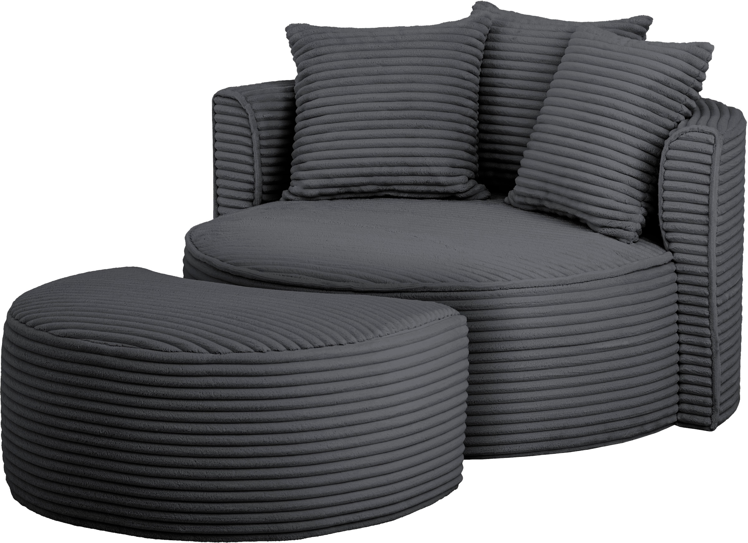 LeGer Home by Lena Gercke XXL-Sessel »Isalie, Rundsessel mit Hocker, Lesesessel, Loveseat, Big-Sessel«, (Set), trendige Stoffe, mit 3 Zierkissen, grosse Sitzfläche