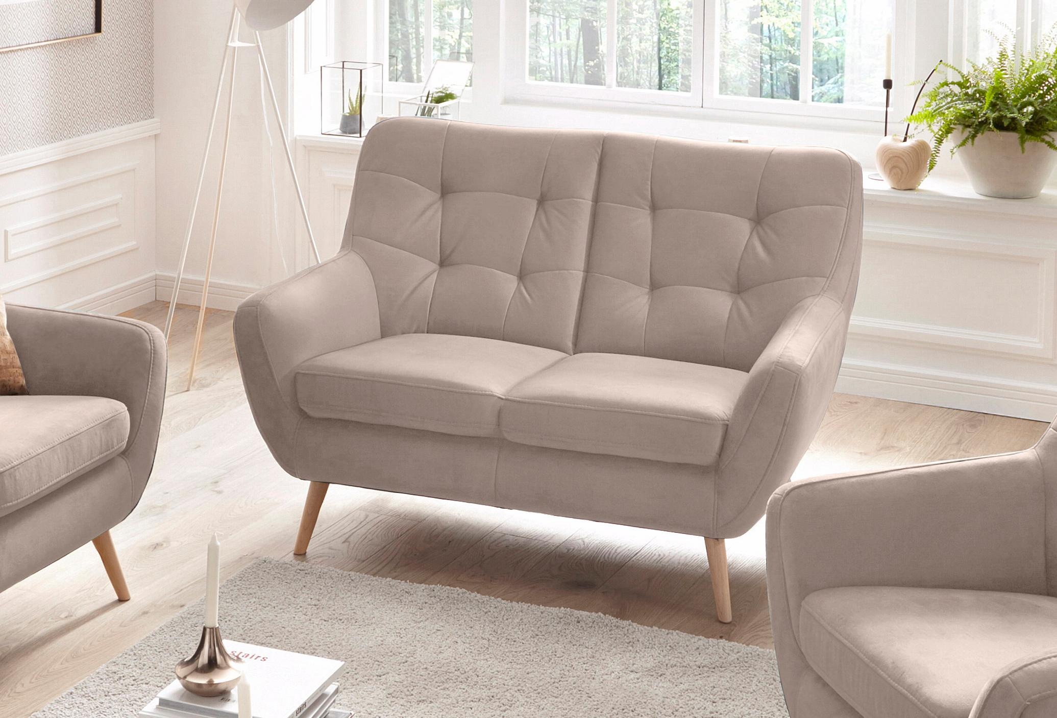 exxpo - sofa fashion 2-Sitzer »Scandi, bequem, aufwendige Rückenpolsterung für mehr Sitzkomfort«, akuelle Farben in hochwertige Bezugsqualitäten, Holzfuss