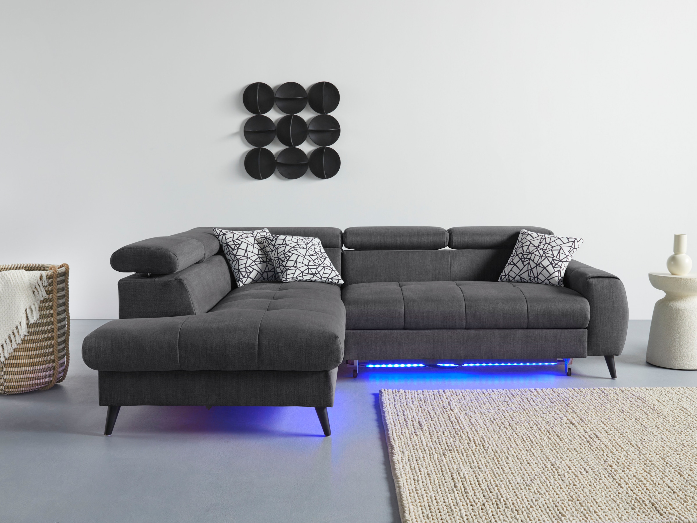 COTTA Ecksofa »Mia L-Form mit 3 Zierkissen«, wahlweise mit Bettfunktion, Bettkasten, Beleuchtung & Wireless-Charger