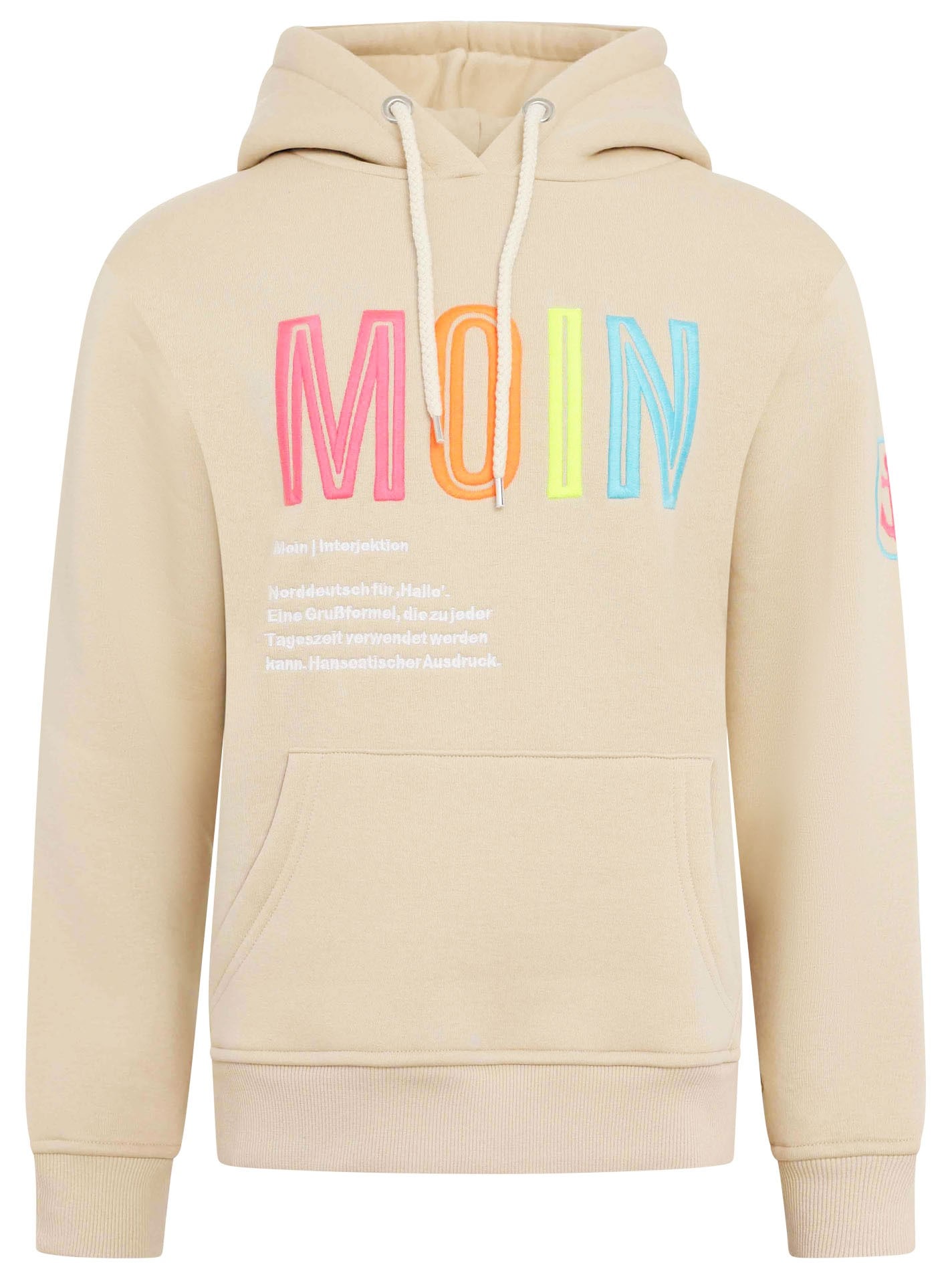 Zwillingsherz Sweatshirt, mit aufgesticktem „Moin“-Schriftzug in Neonfarben