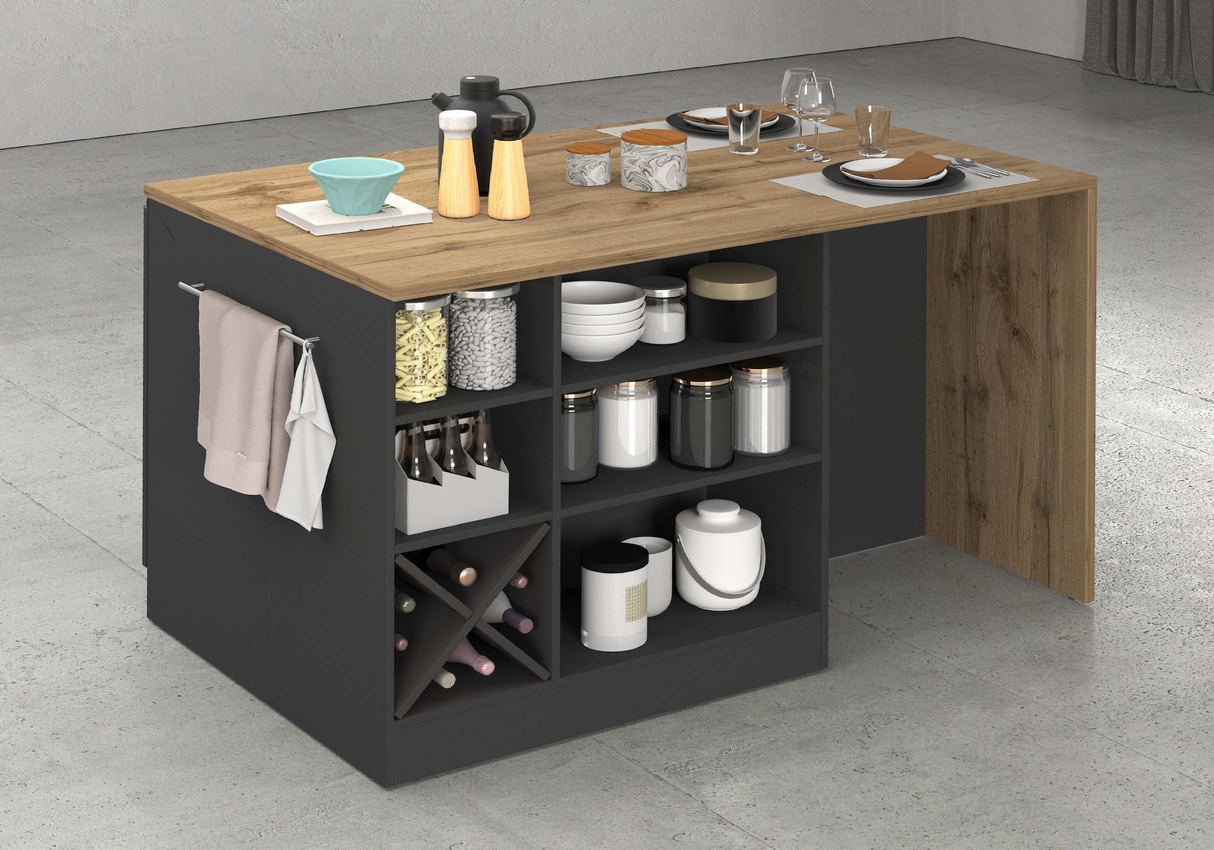 KOCHSTATION Ilot de cuisine »KS-Sole, Kochinsel, Küchenarbeitsblock, Inselküche, Arbeitsinsel« Breite 152,5 cm, mit Essplatz, Handtuchhalter, Fächer und Weinregal