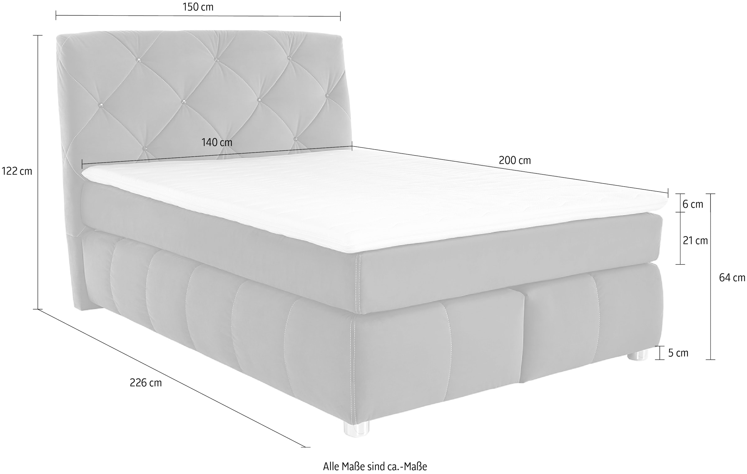Jockenhöfer Gruppe Boxspringbett »Bella erhältlich in 140 & 180cm Breite« mit Kaltschaum-Topper und Rauchglas-Steinen