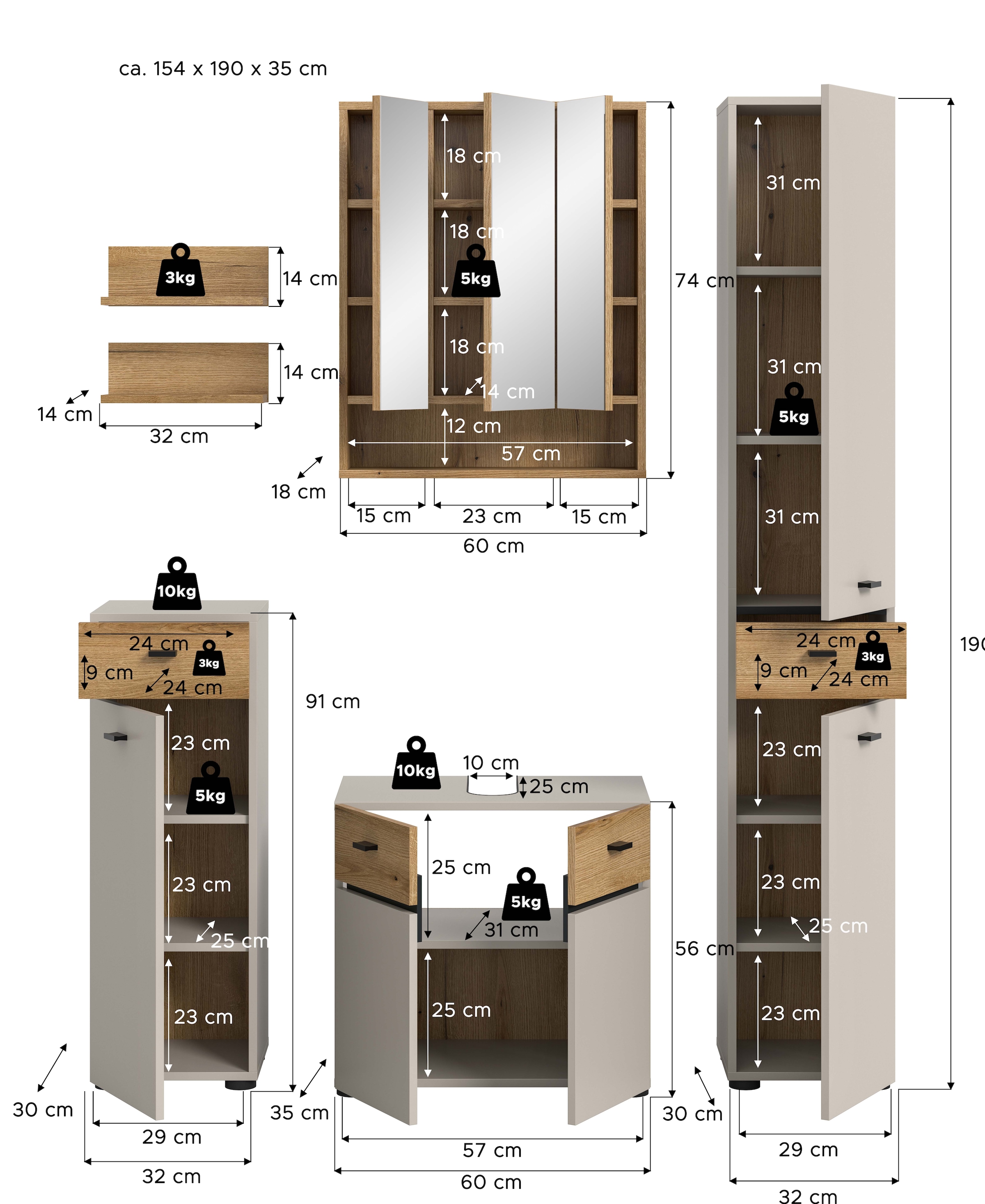welltime Ensemble de meubles de salle de bain »VANN, 6-teilige moderne Badkombination, individuell stellbar« Midischrank, 2er Set Wandregal, WBU, Spiegelschrank, Hochschrank, 6 cuis tlg.