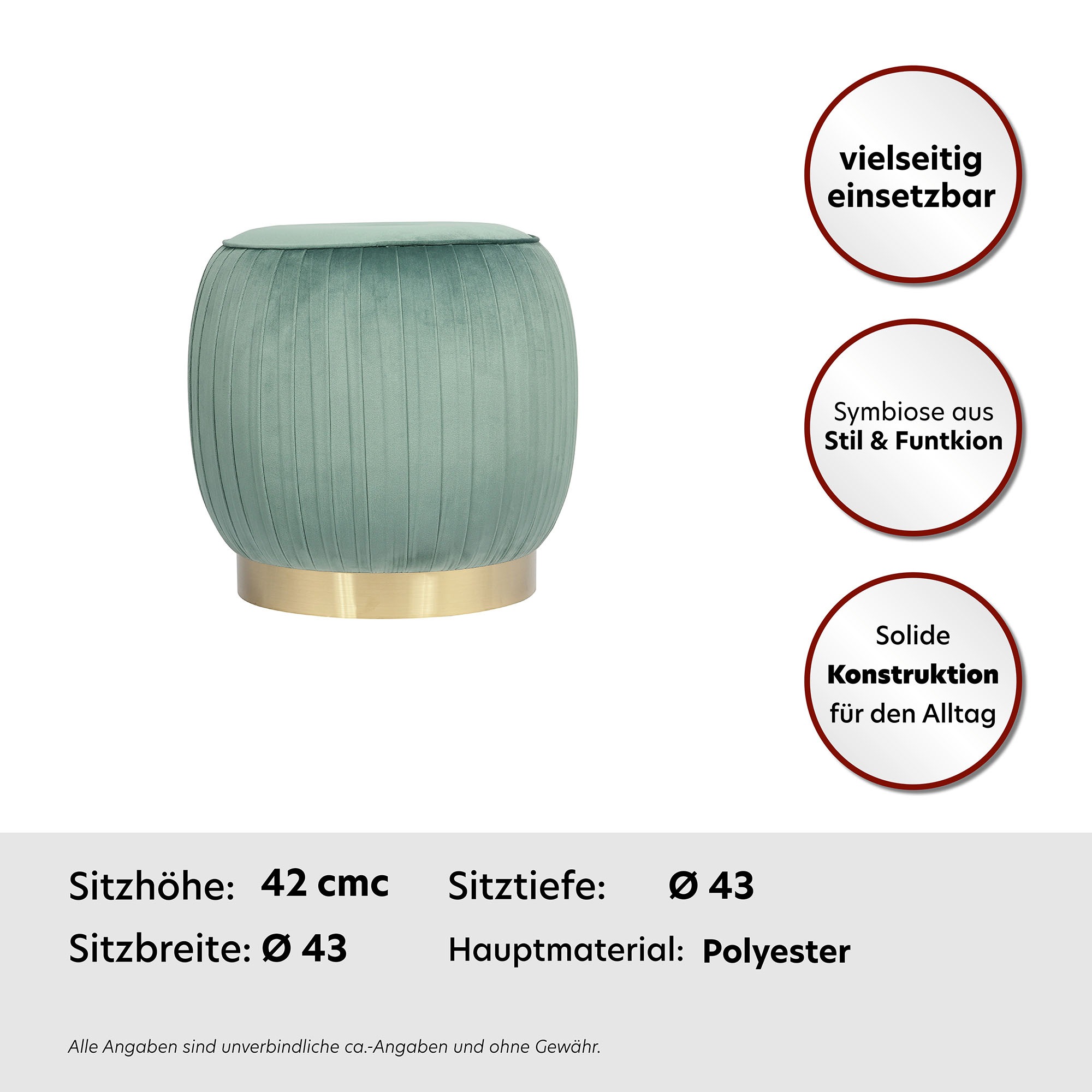 Kayoom Polsterhocker »Hocker Lyla 125, Edler Touch durch goldfarbenenen Sockel, Samtbezug«, (1 St.), samtweich, gesteppte Ziernaht, Edelstahlsockel, Hochwertiger Samtbezug