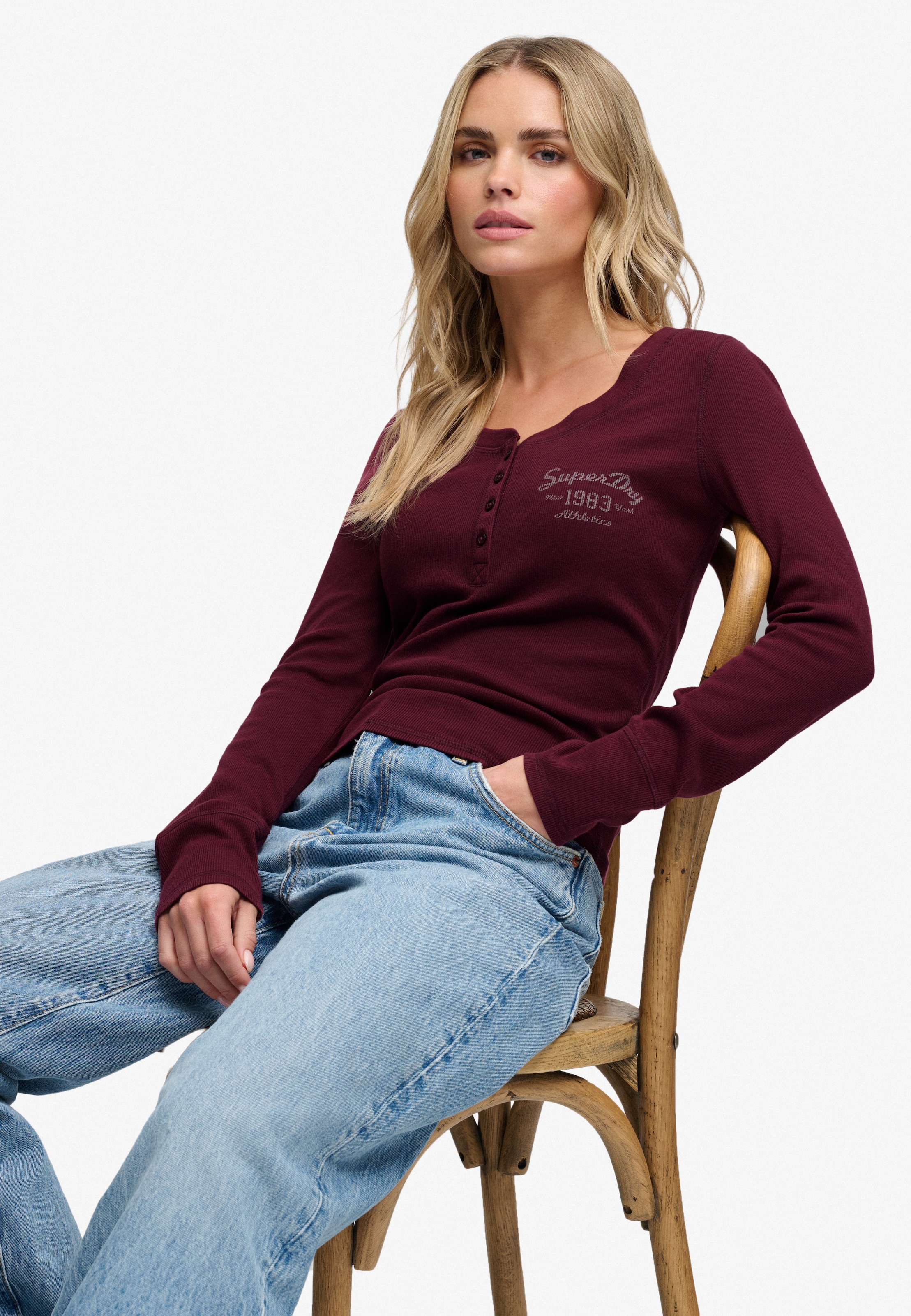 Superdry T-shirt Henleys »ATHLETIC BUTTON DOWN LS TOP« Baumwollmischung, skinny fit