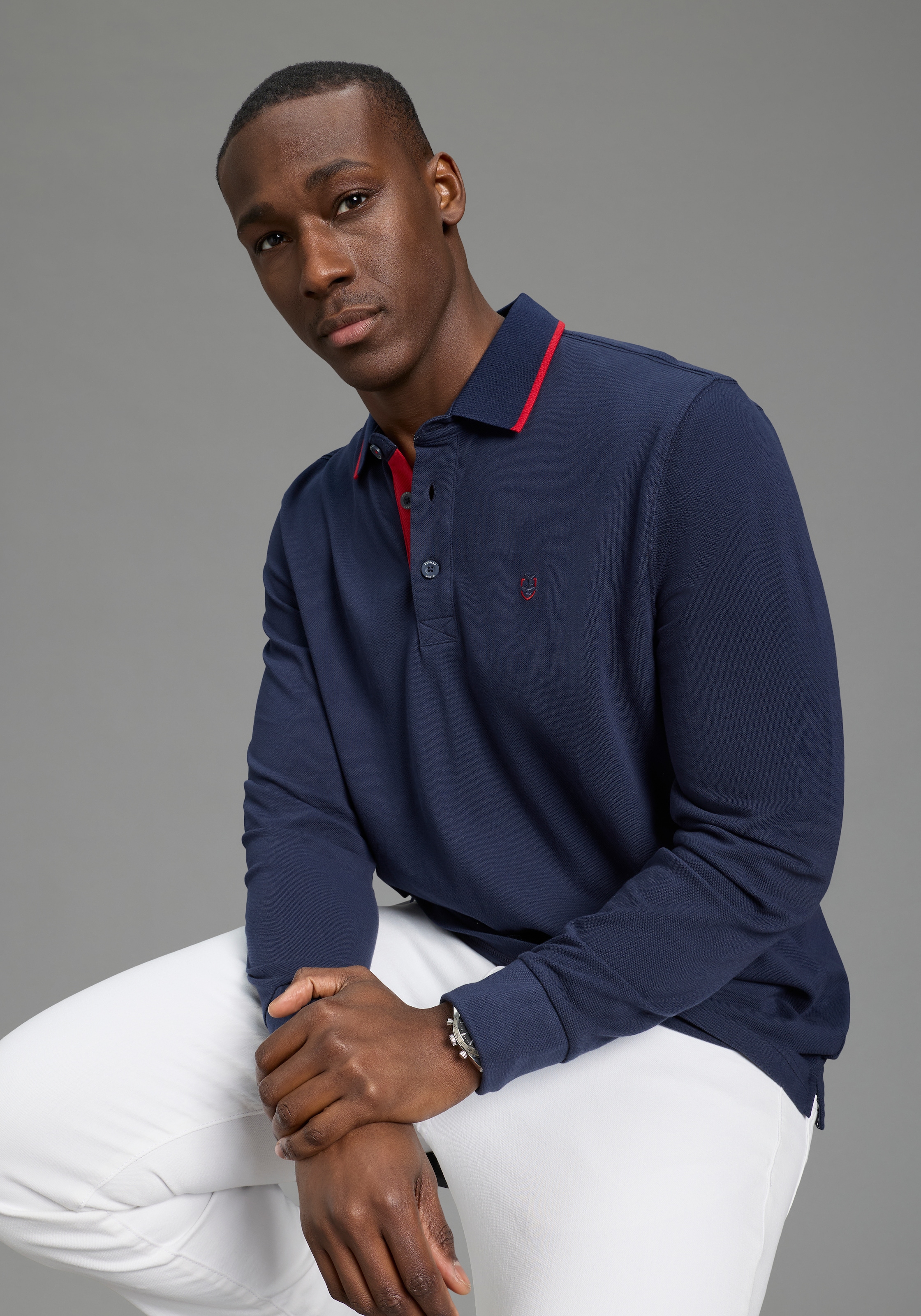 Image of DELMAO Langarm-Poloshirt "Neue Kollektion" schmale Passform, Langarm, unifarben, mit Polokragen