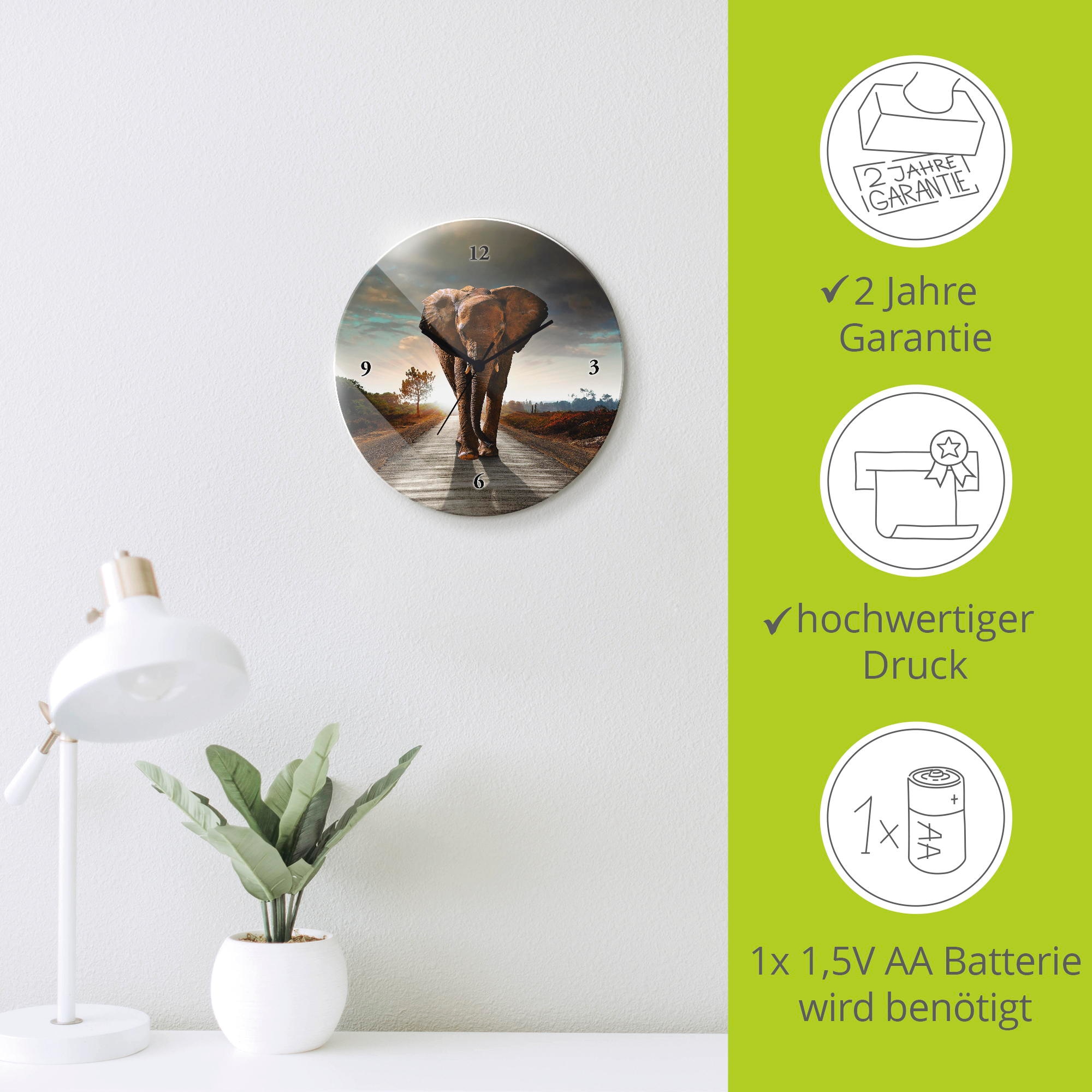 Artland Wanduhr »Ein Elefant läuft auf der Strasse« wahlweise mit Quarz- oder Funkuhrwerk, lautlos ohne Tickgeräusche