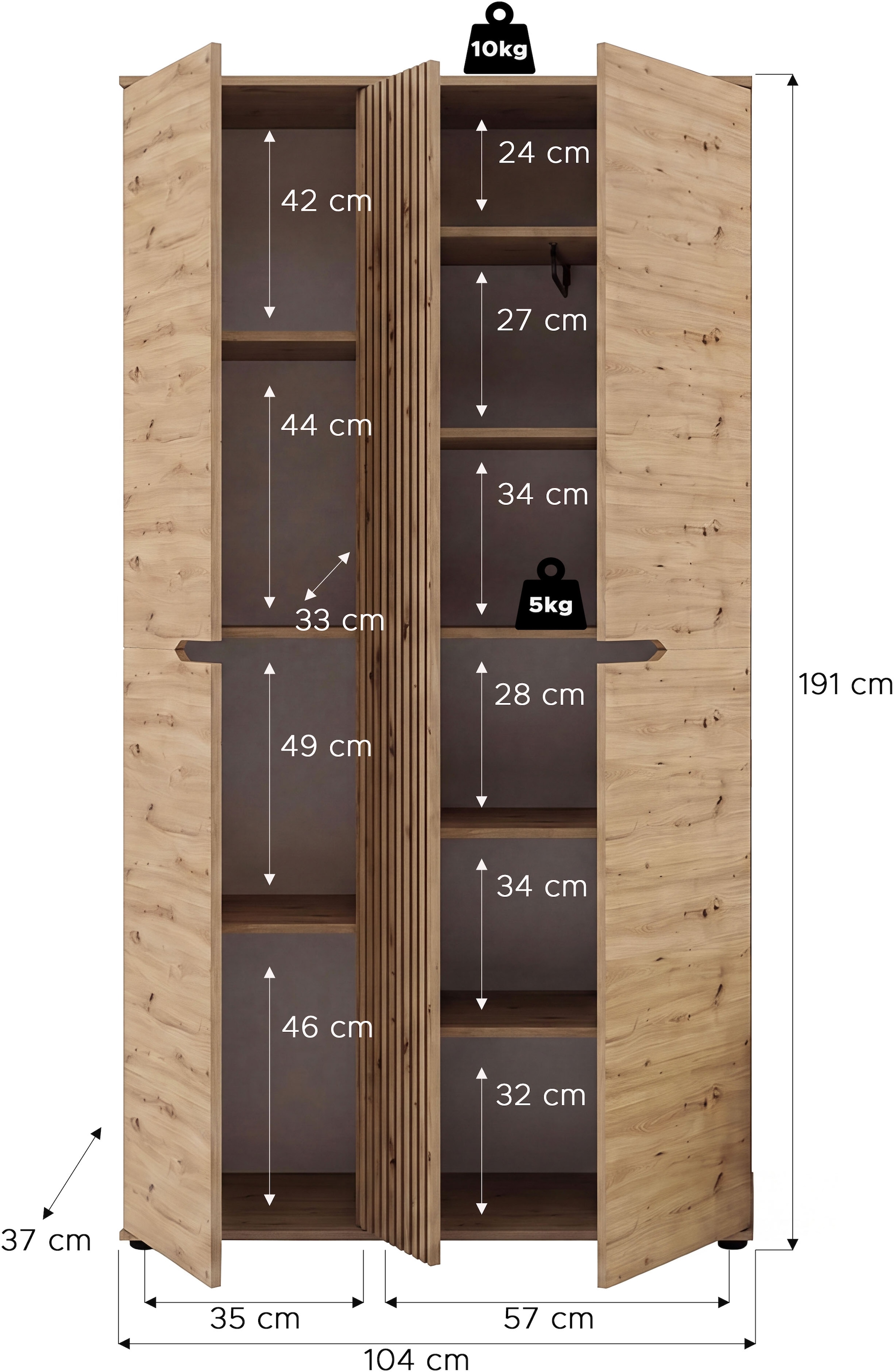GOODproduct Armoire vestiaire »FJELL, Breite 104cm, 3 Türen, 8 Böden, 10 Fächer, 1 Kleiderstange« armoire, placard, armoire d'entrée, armoire de couloir, armoire polyvalente