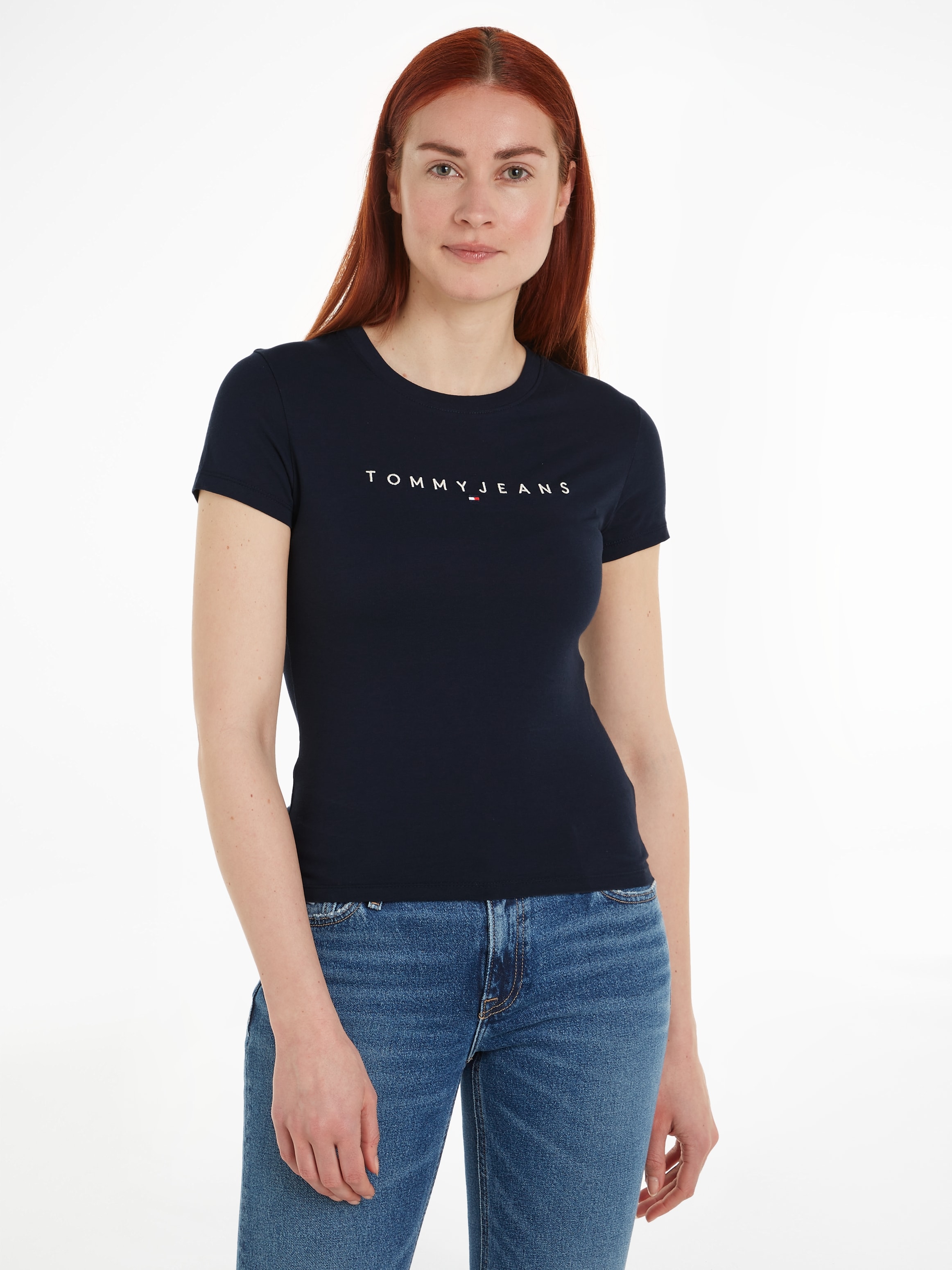 ♕ Tommy T-Shirt Jeans mit versandkostenfrei auf Logostickerei Linear Logo »Slim Shirt«, Tee