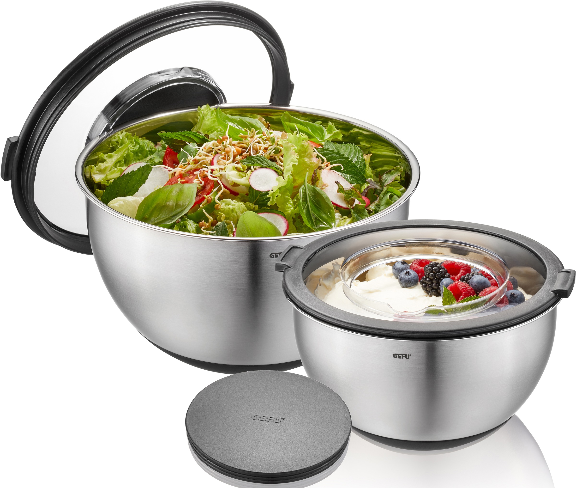 Image of GEFU Rührschüssel »MUOVO«, 2 tlg., aus Edelstahl, 2 Schüsseln mit Spritzschutzdeckel bei Ackermann Versand Schweiz