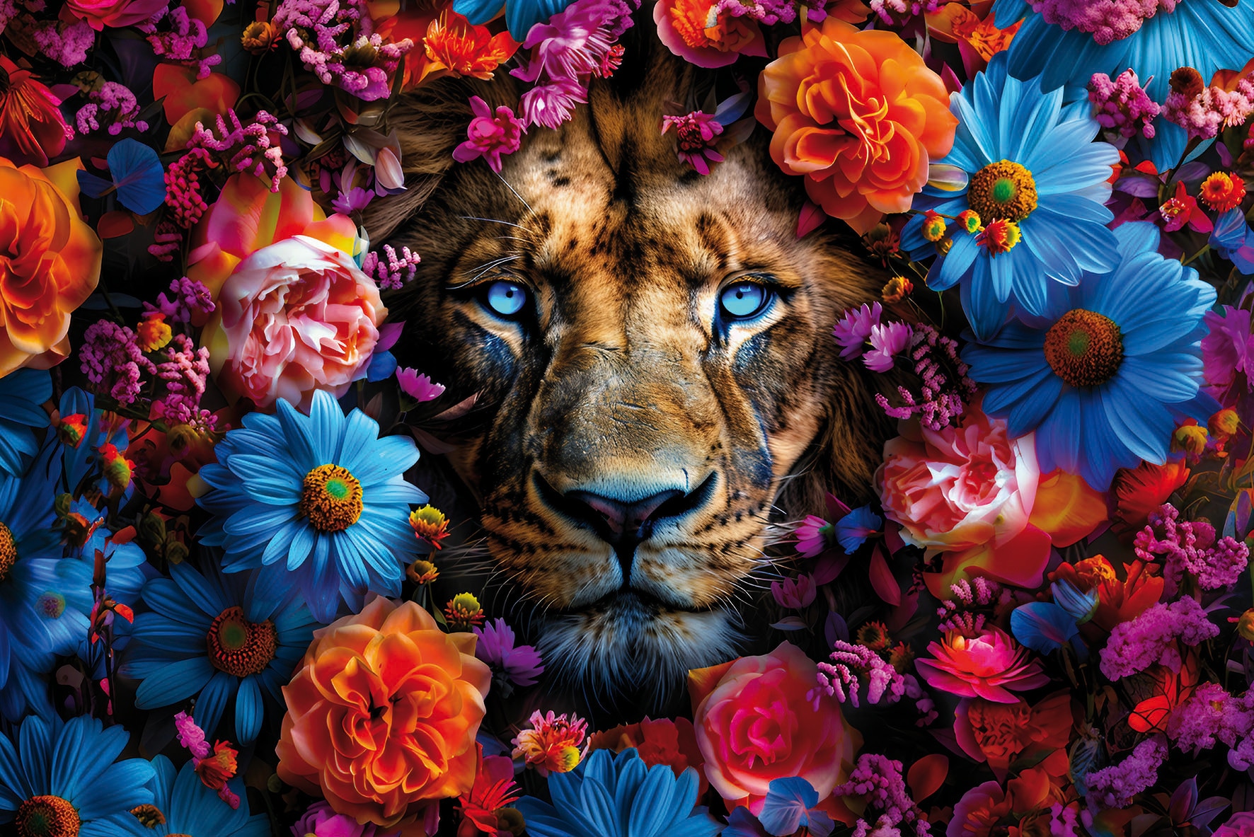 Image of Bönninghoff Leinwandbild "Wandbild LÖWE BLUMENKRANZ 60x90 cm – Leinwandbild Keilrahmen Deko" Blumen Blumenbilder Kunst Löwe Löwen Pflanzen Pflanzenbilder Raubkatzen Tiere 1 Stk. tlg. auf Keilrahmen gespannt