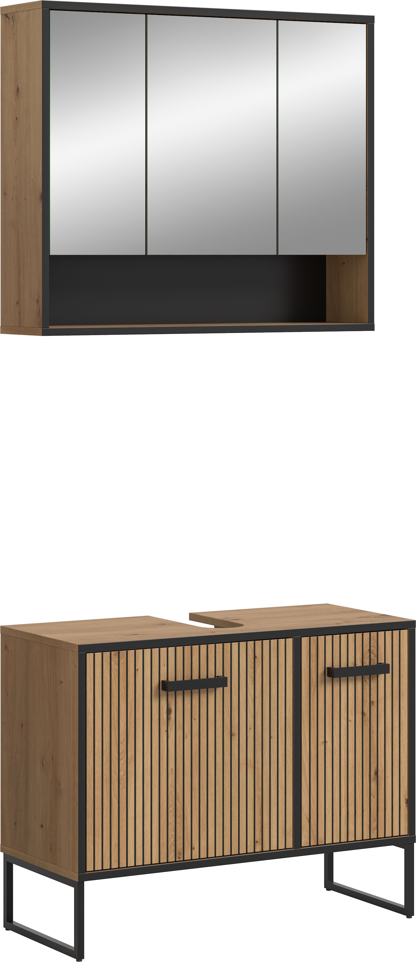 Image of welltime Badezimmer-Set "LOCRI, 2-tlg. Badkombination, Breite 80 cm, Rillenoptik, Metallkufen" bestehend aus: Waschbeckeunterschrank & Spiegelschrank, 2 Stk. tlg.
