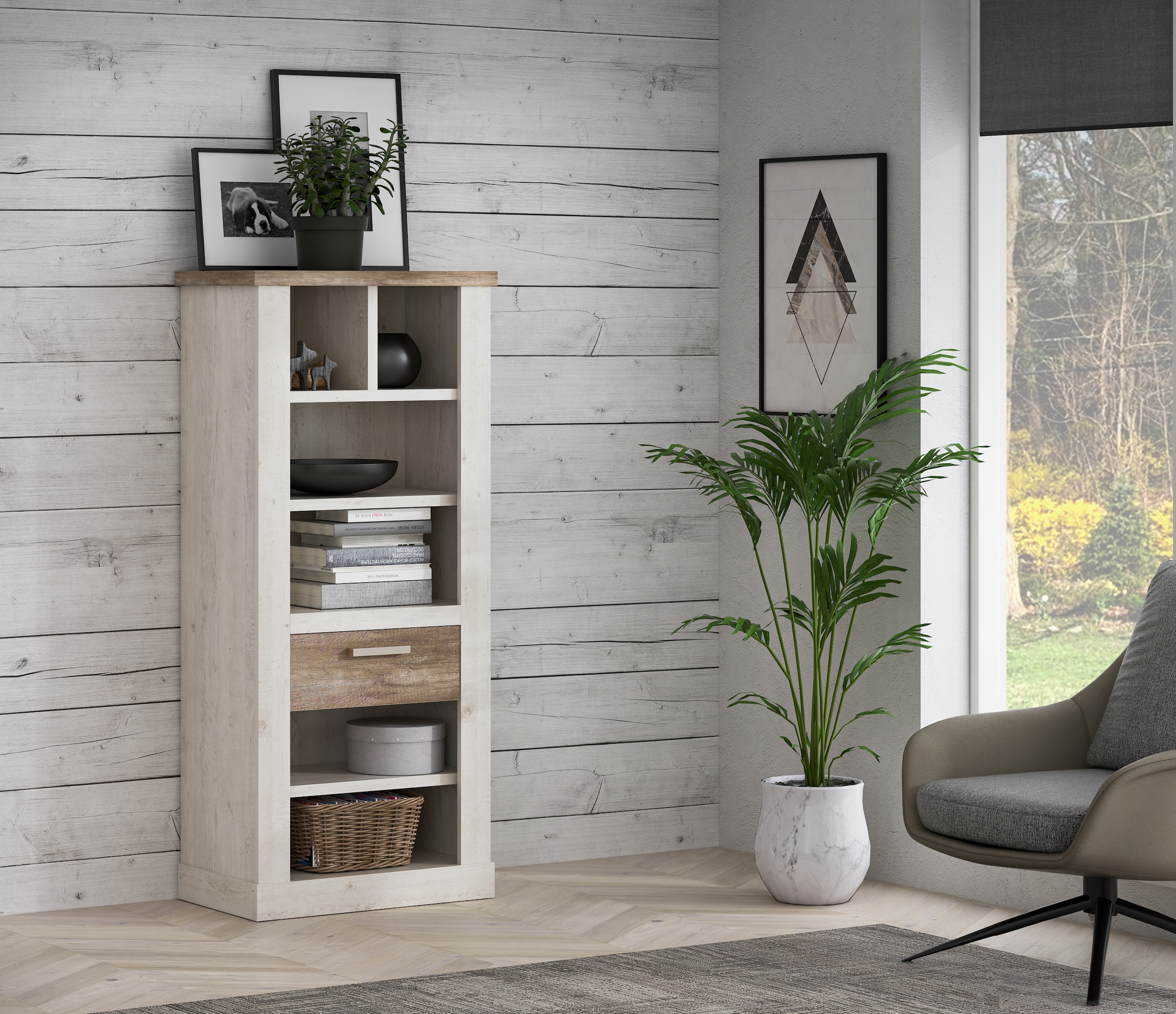 FORTE Bücherregal Höhe  160 cm, Aktenregal mit Schublade, im Landhausstil