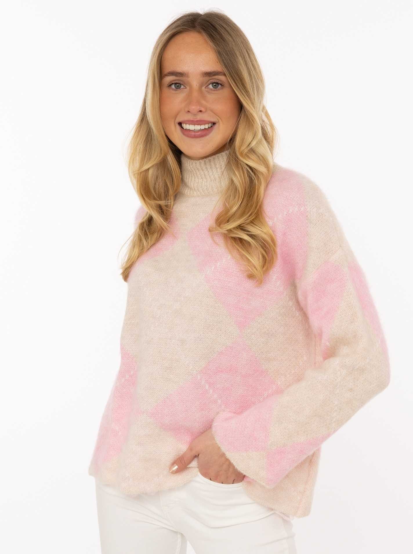 Zwillingsherz Pull à col roulé »"Argyle"« grand motif losanges, col haut, tricot, taille unique