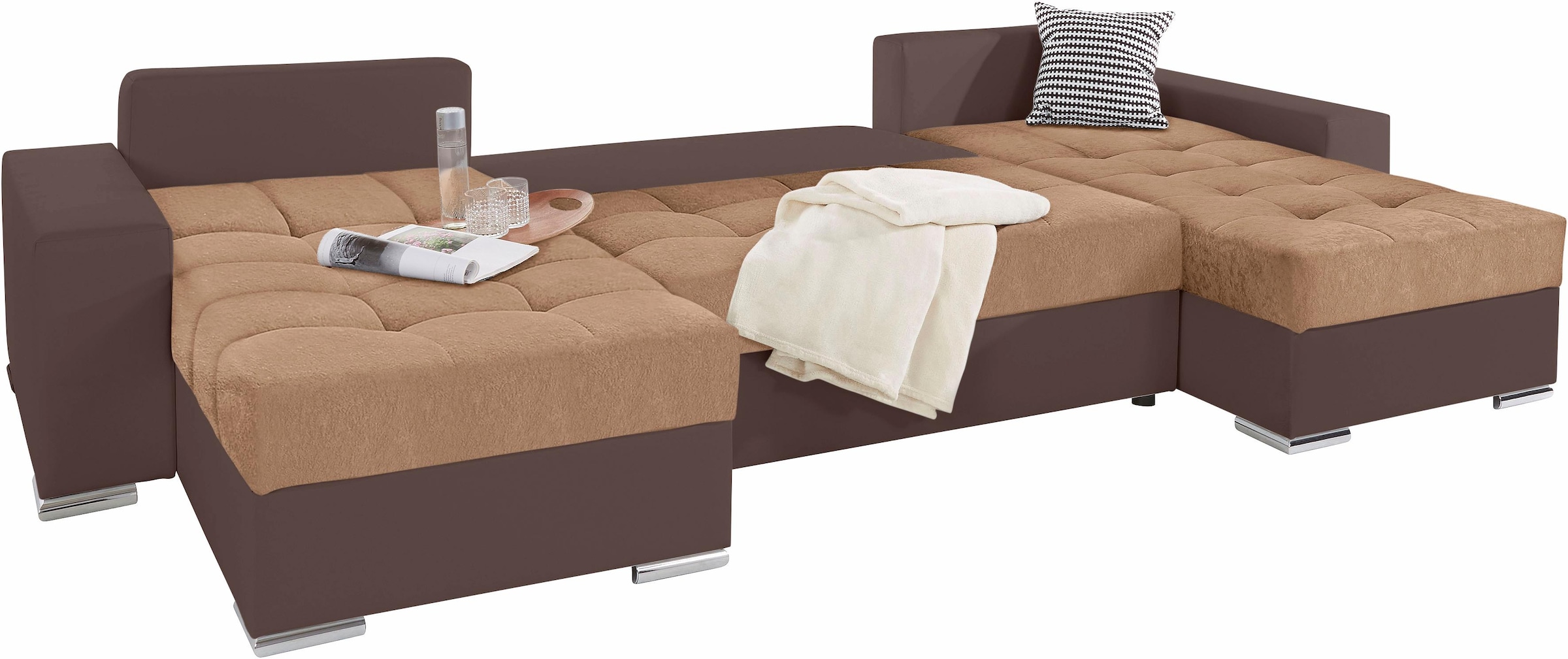 COLLECTION AB Wohnlandschaft »XL-Josy U-Form, Breite 313 cm, Kunstleder-Mix, Microfaser«, inkl. Bettfunktion, Bettkasten, mit 4 gleich grossen Rückenkissen