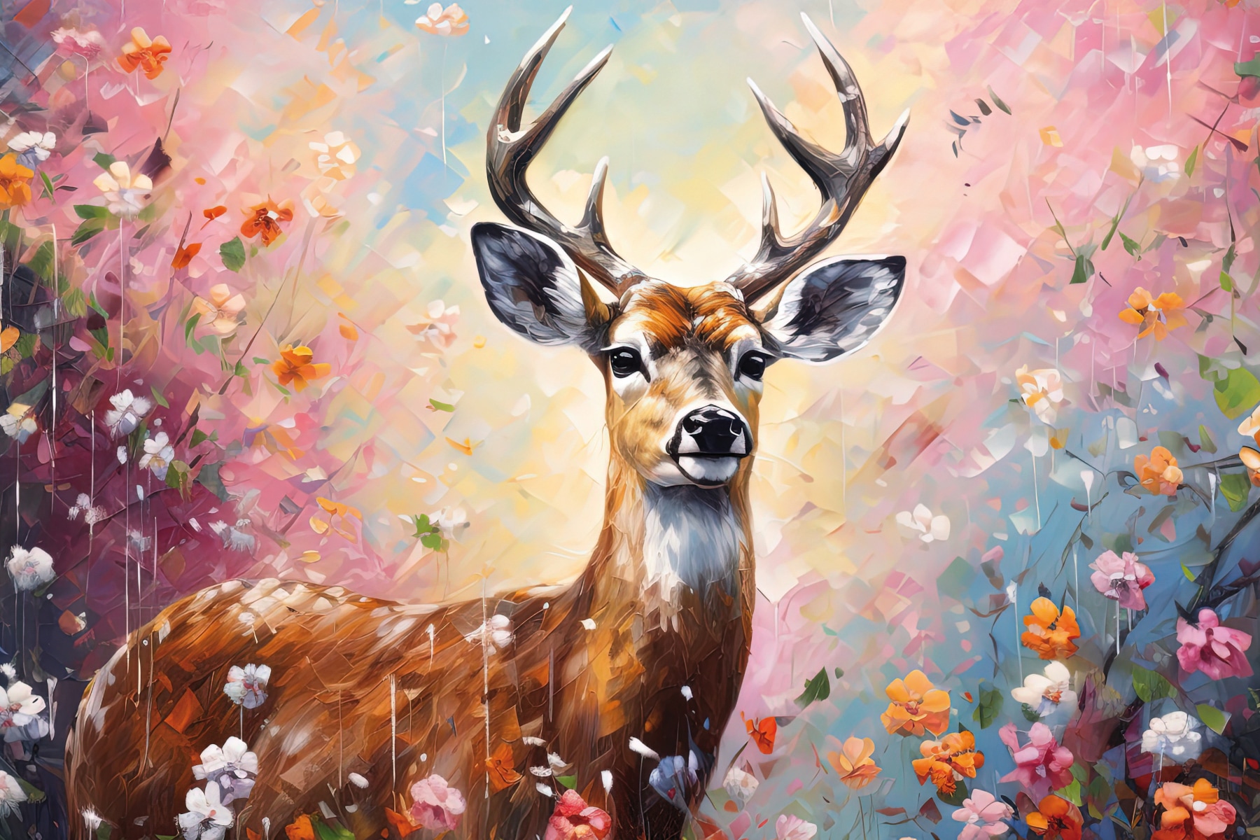 Image of Bönninghoff Leinwandbild "Wandbild HIRSCH IN BLUMEN 60x90 cm – Leinwandbild Keilrahmen Deko" Blumen Hirsch Wildtiere 1 Stk. tlg. auf Keilrahmen gespannt