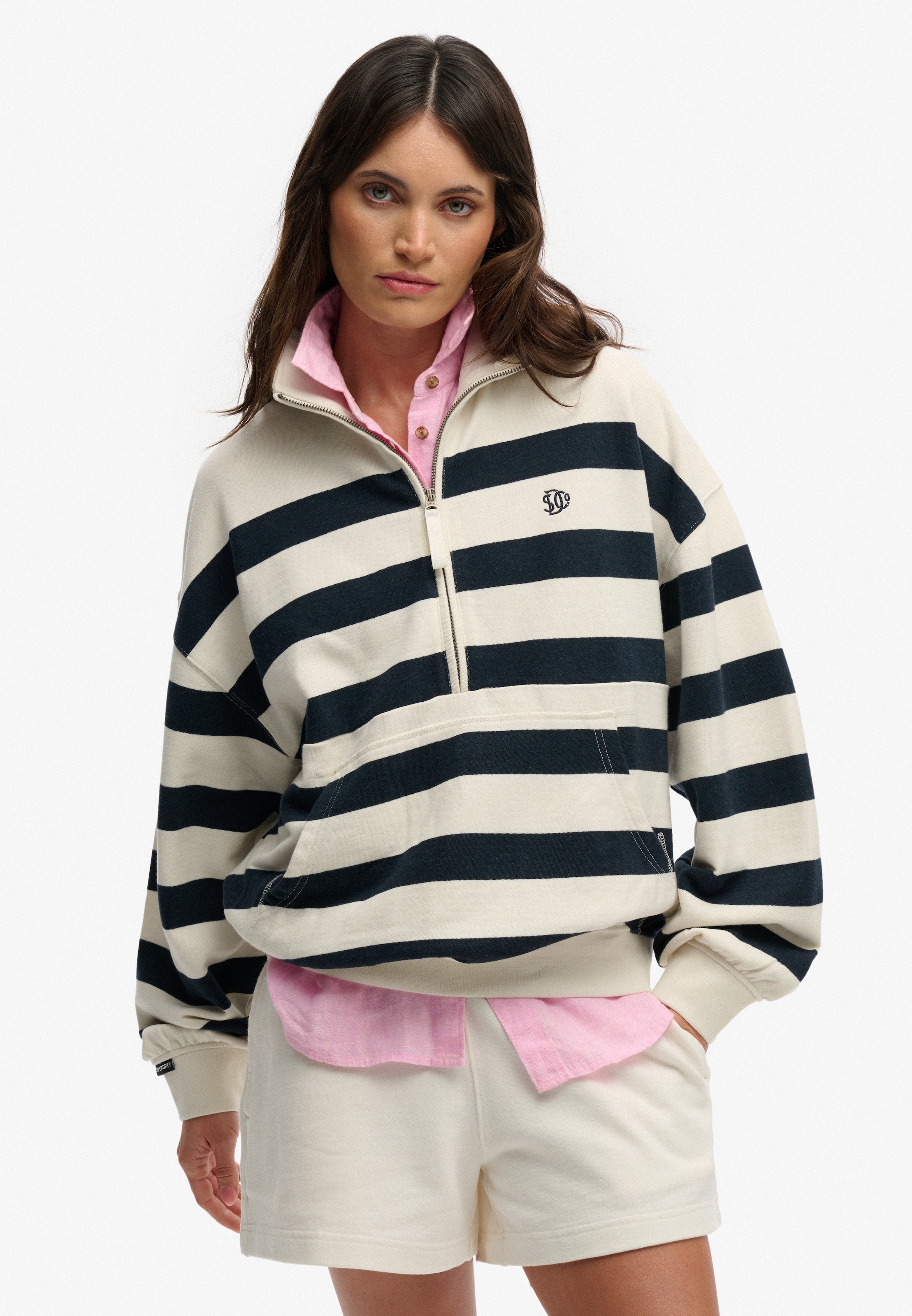 Image of Superdry Sweatshirt "STUDIOS STRIPE HALF ZIP", mit hochschliessendem Kragen, aus Baumwolle und Sweatware, Relaxed Fit