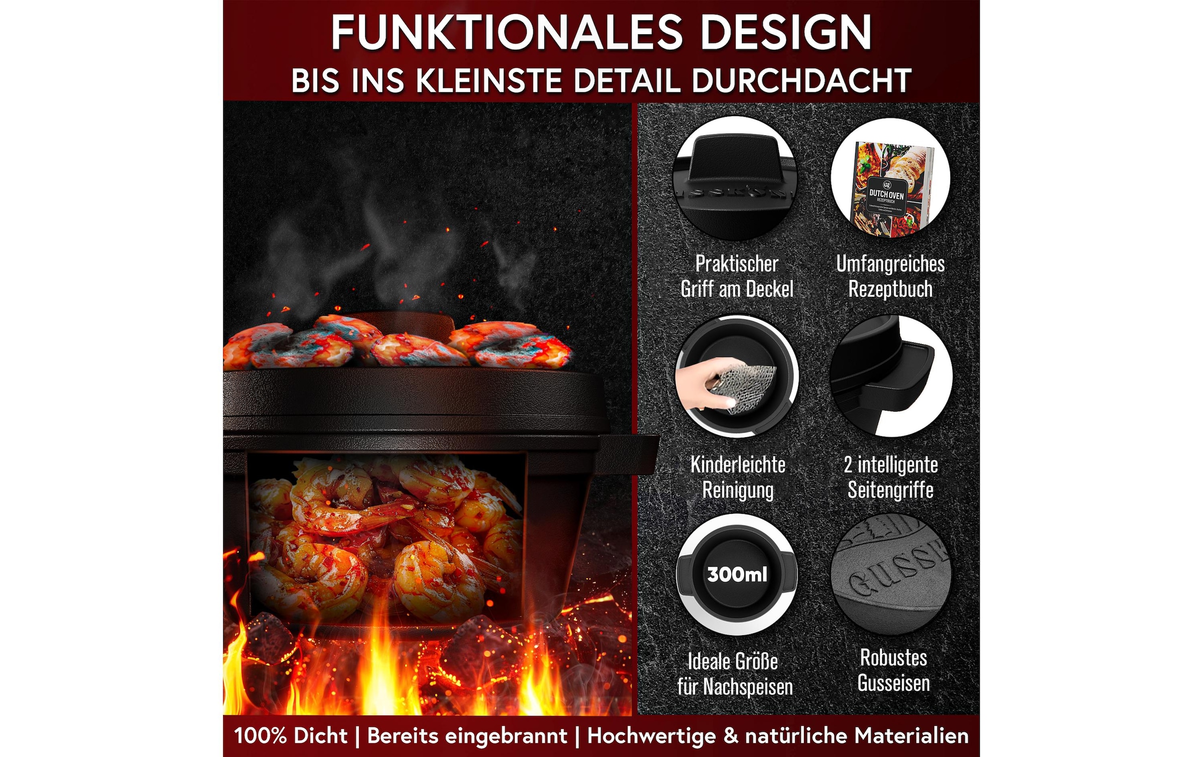   Marmite à barbecue »Gusskoenig Mini Dutch Set 4 Töpfe, Untersetzer« 8 cuis tlg. Set 4 Töpfe mit Holz-Untersetzern und Rezeptbuch