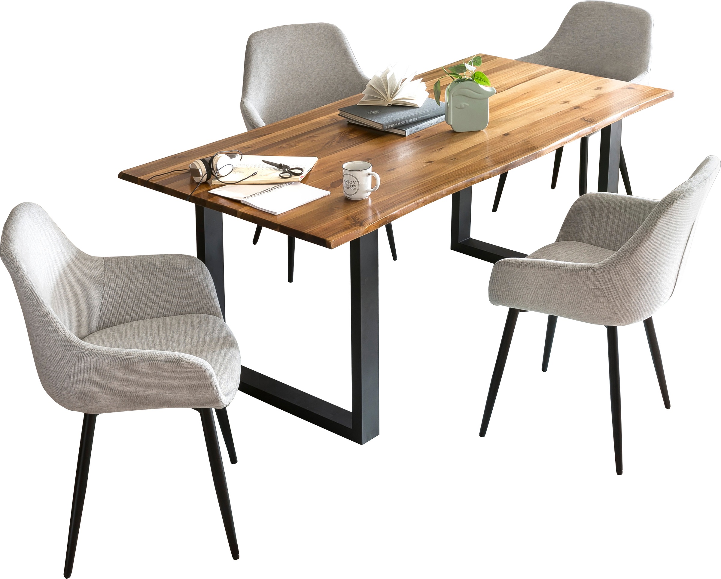 SalesFever Ensemble de salle à manger »- stilvolles Design« Set, 5 cuis tlg. 5-teiliges Set mit authentischer Baumkanten-Tischplatte