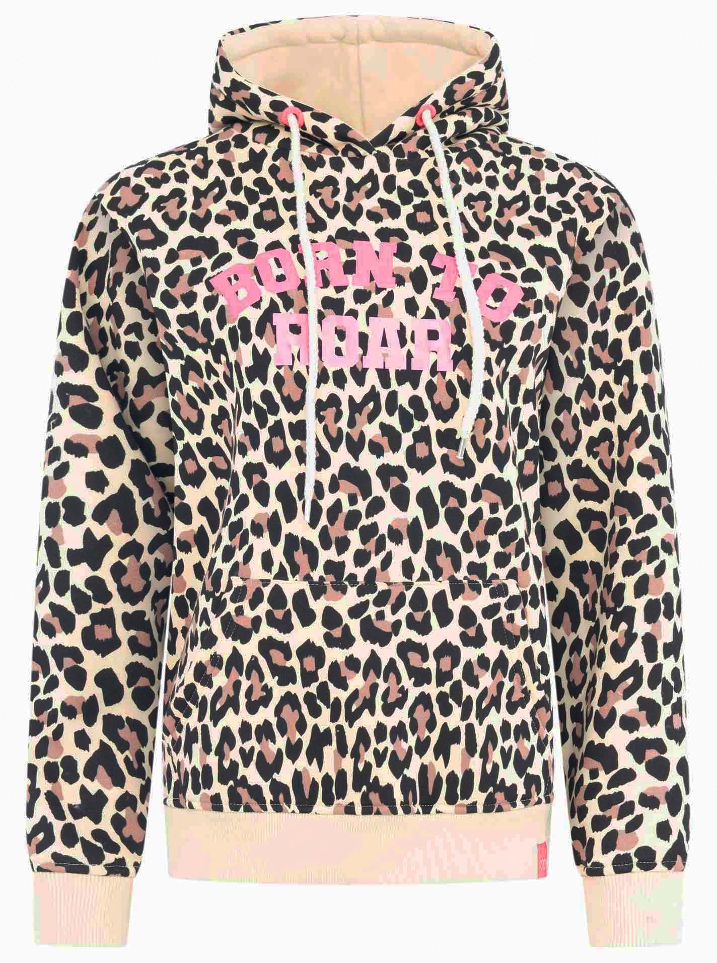 Zwillingsherz Hoodie »"Born to roar"«, motif léopard, inscription rose, cordon, capuche, poche avant
