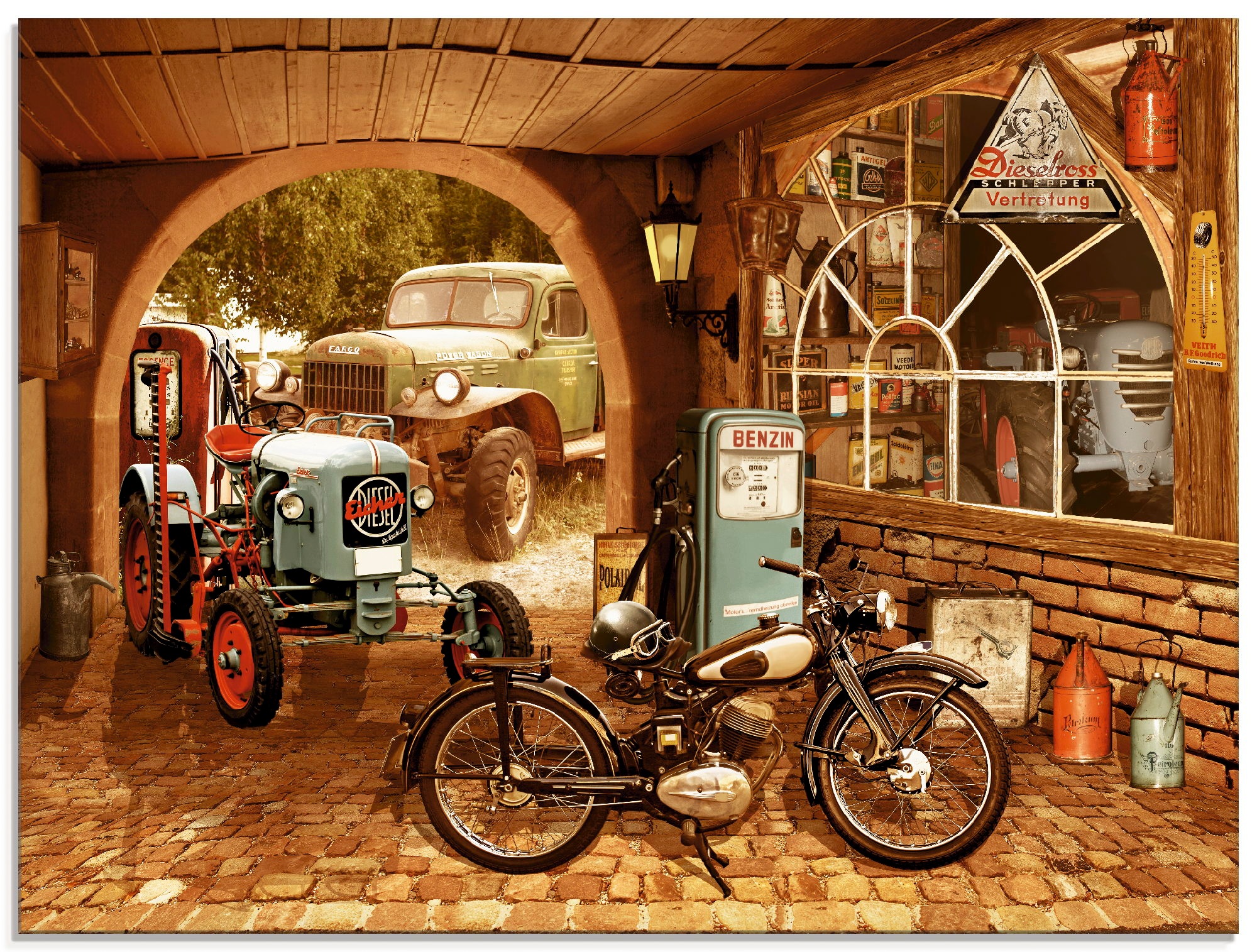 Image of Artland Glasbild "Werkstatt mit Traktor und Motorrad" Traktoren 1 Stk. tlg. in verschiedenen Grössen