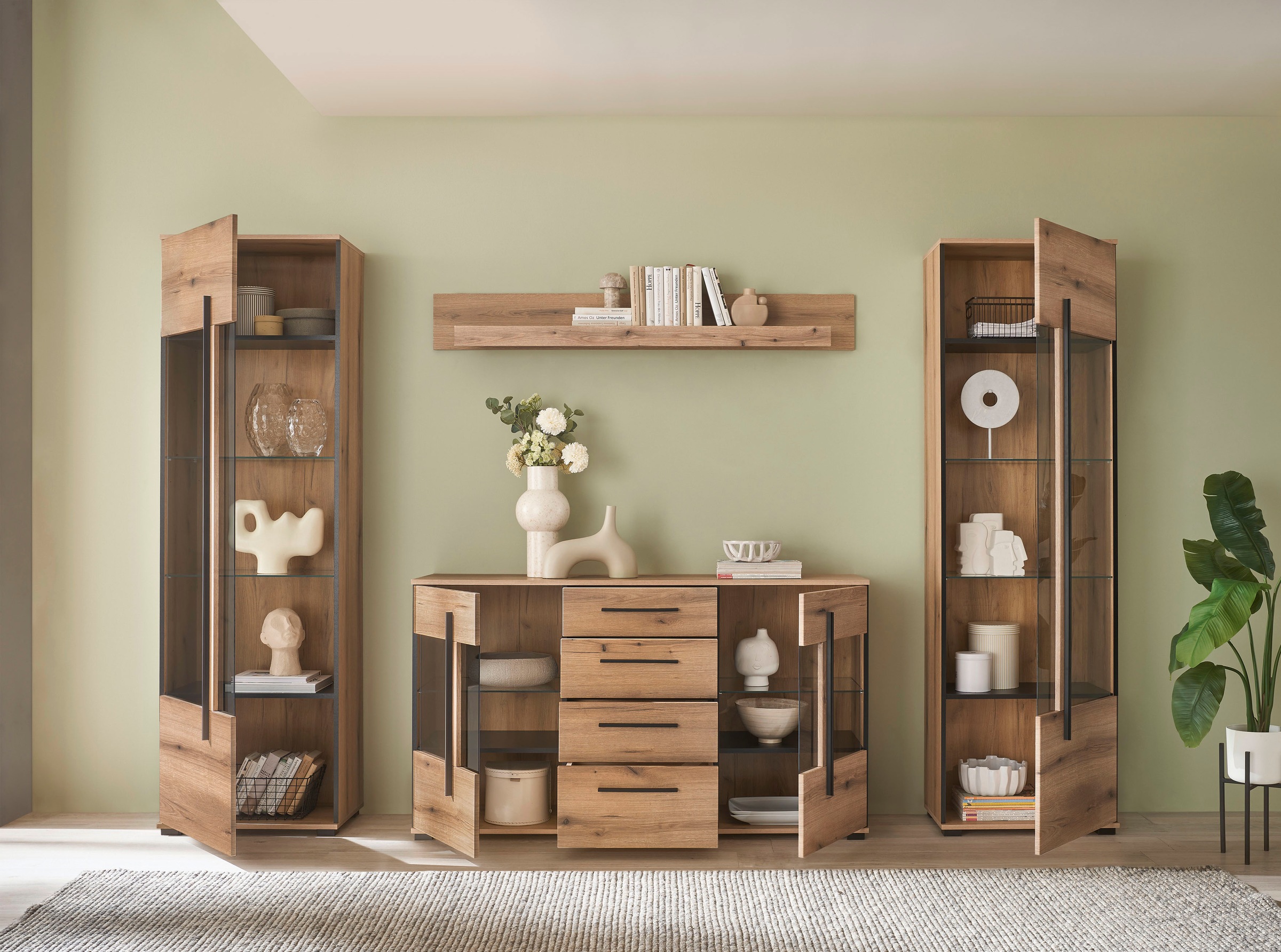INOSIGN Wohnwand »Cantara, moderne Anbauwand, Wohnzimmer-Set, in Eiche Evoke oder Weiss«, (Set), enthält zwei Vitrinen, ein Sideboard und ein Wandboard
