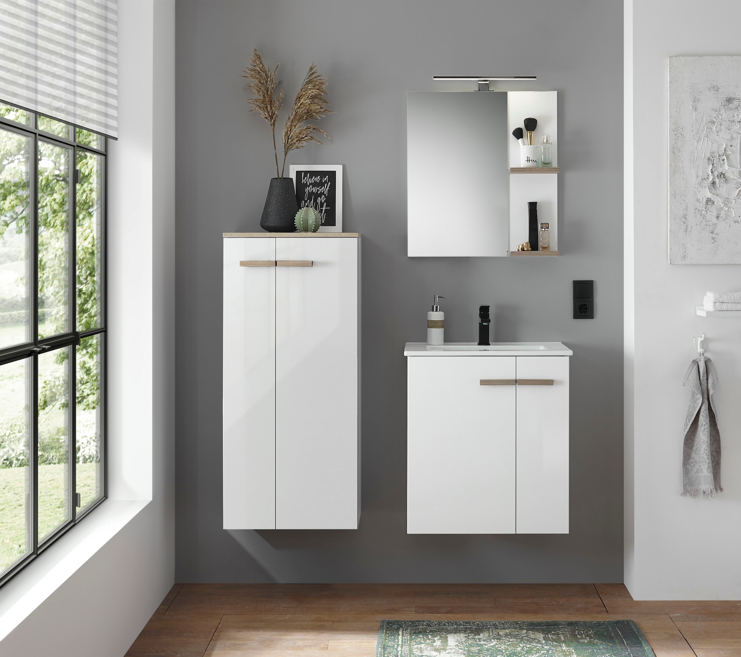 Places of Style Badmöbel-Set »SOLiD, Badmöbel-Set, Bad im modernen Design, 3-teiliges Badezimmer«, (3 St.), Waschtisch mit Waschbecken, Midischrank, Breite 130 cm