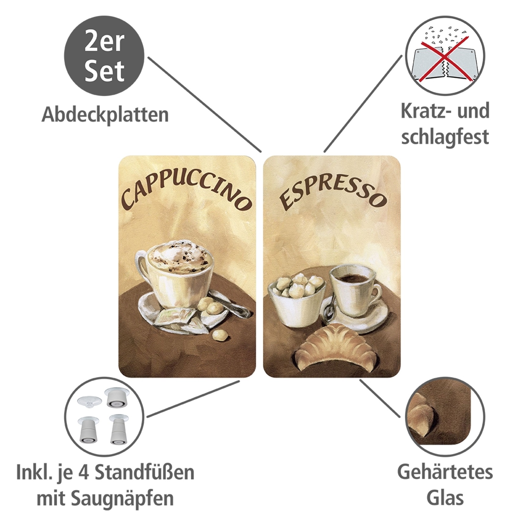 WENKO Herd-Abdeckplatte »Universal Modell Kaffee«, (Set, 2 tlg.), Herdabdeckung für alle Herdarten, kratzfest, mit rutschfesten Füssen