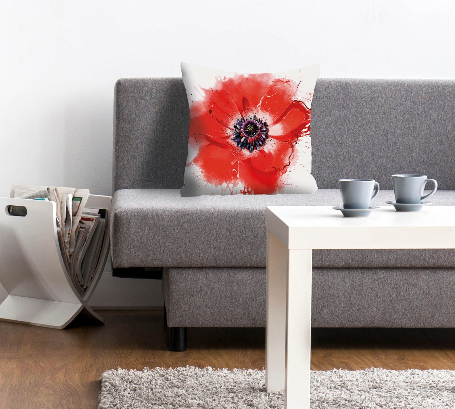 Image of queence Dekokissen "Vicky" Kissenhülle,Weisser Hintergrund,Mohnblumen,Florales Design,Zart,Rot