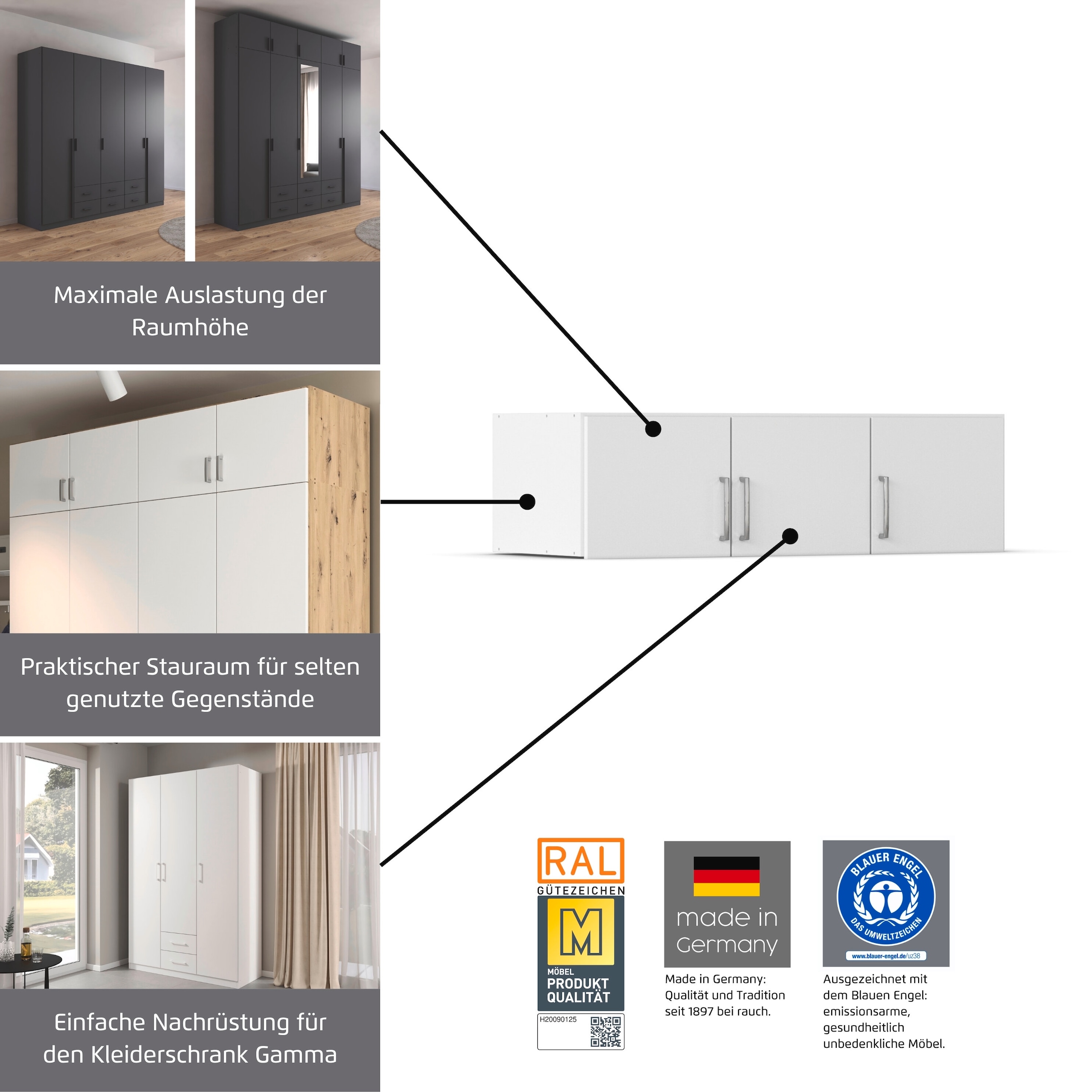 rauch Armoire à poser »Gamma« Largeurs 91/136/181/226 cm, en 4 variantes de poignées,  pour une utilisation maximale de la hauteur de plafond, nombreuses couleurs MADE IN GERMANY