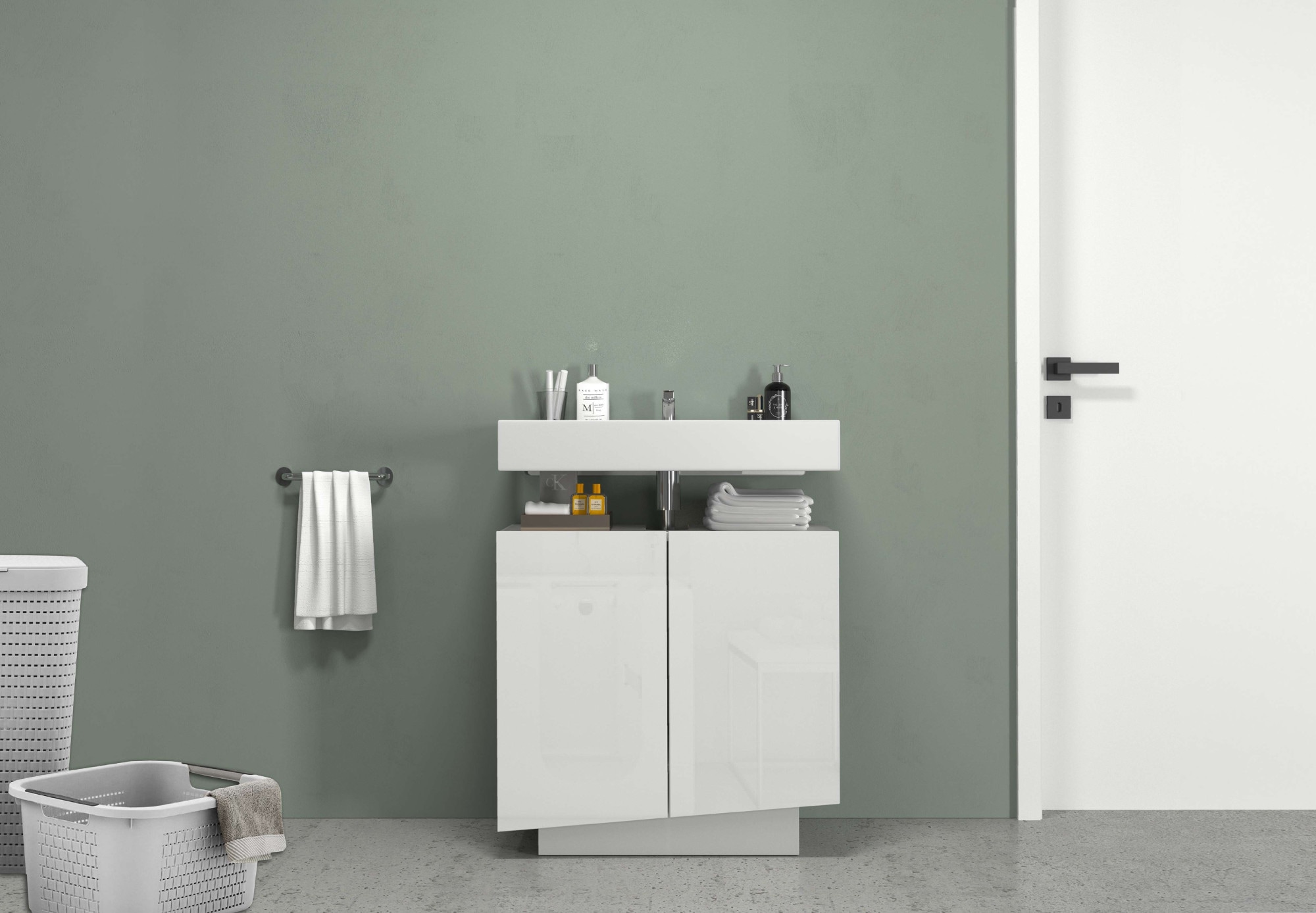 welltime Armoire sous lavabo »Vela,Breite 60cm, 2 Türen, 2 Fächer, mit Siphonausschnitt, lackiert« 1 cuis tlg. meuble sous-lavabo, plan vasque, design avec portes inclinées