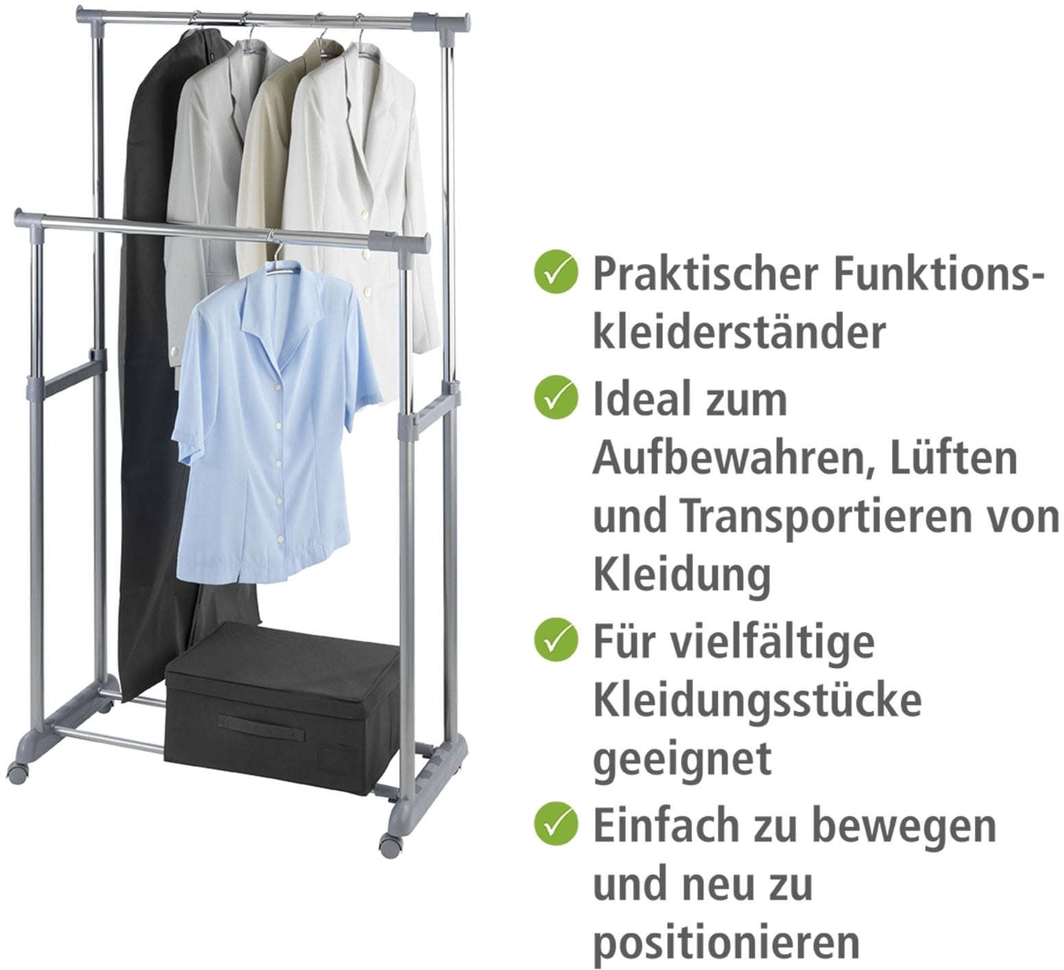 WENKO Kleiderständer »Modell Twin Bars«, Garderobenständer mit 2 Stangen, höhenverstellbar, mit 4 Rollen