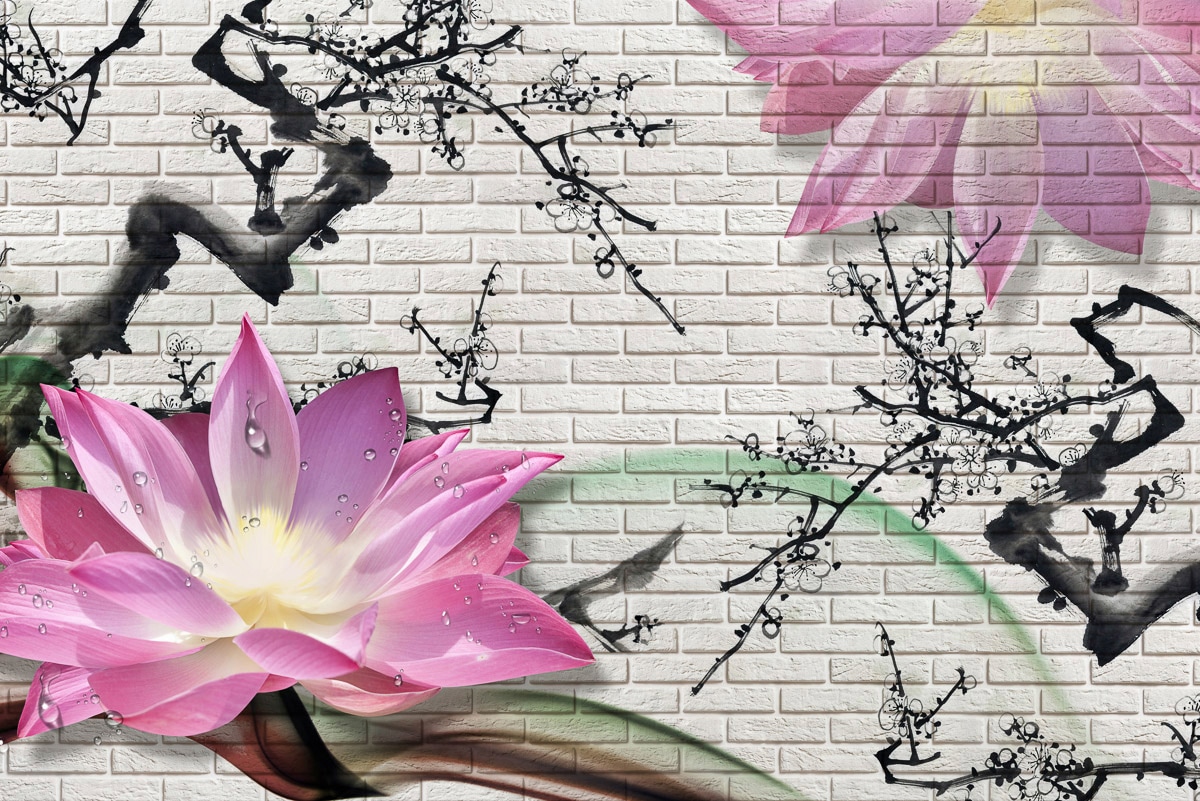 Image of Papermoon Fototapete "LOTUSBLUME-STEINWAND GRAFFITI BLUMEN 3D DESIGN BLUME"