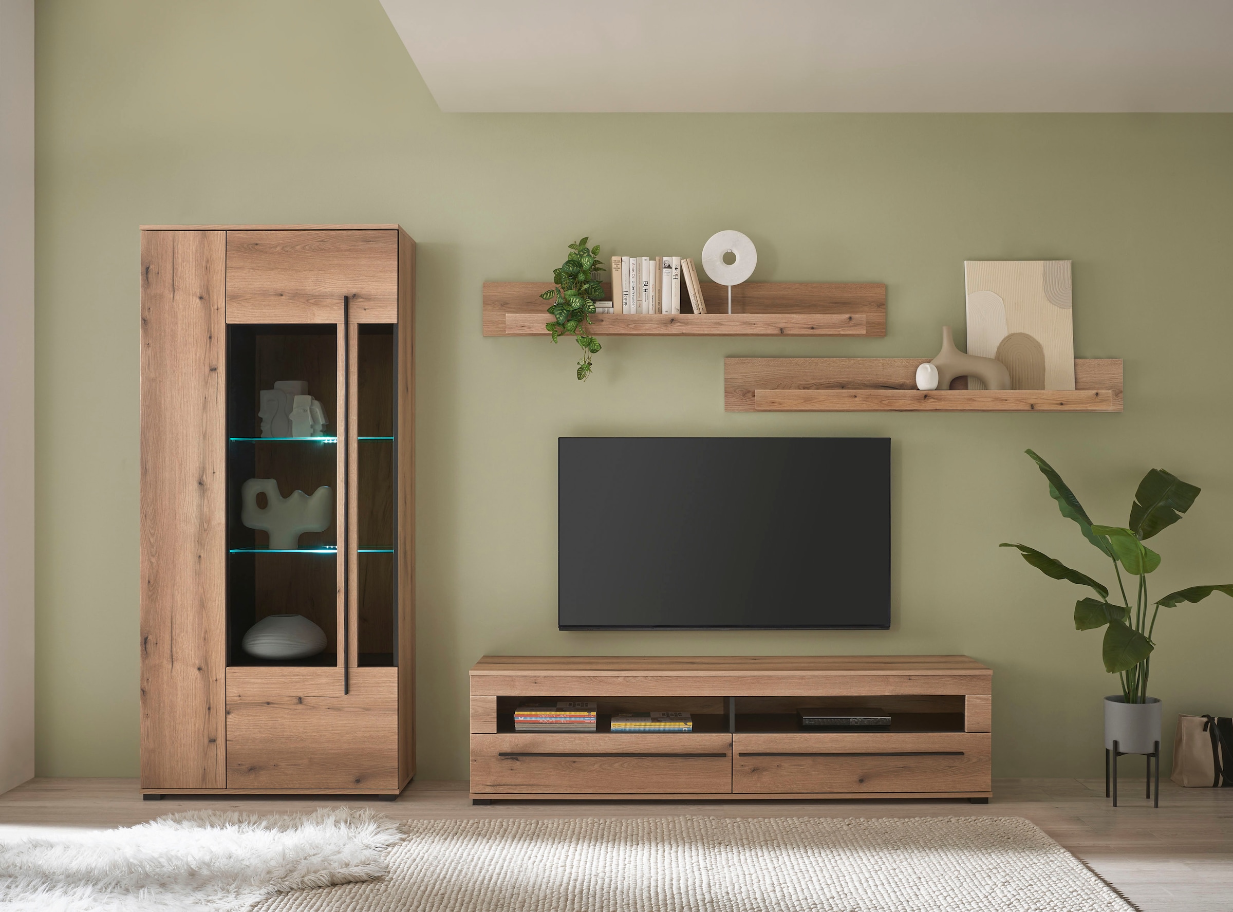 INOSIGN Wohnwand »Cantara, moderne Anbauwand, Wohnzimmer-Set, in Eiche Evoke oder Weiss«, (Set), enthält eine Vitrine, ein Lowboard und zwei Wandboards