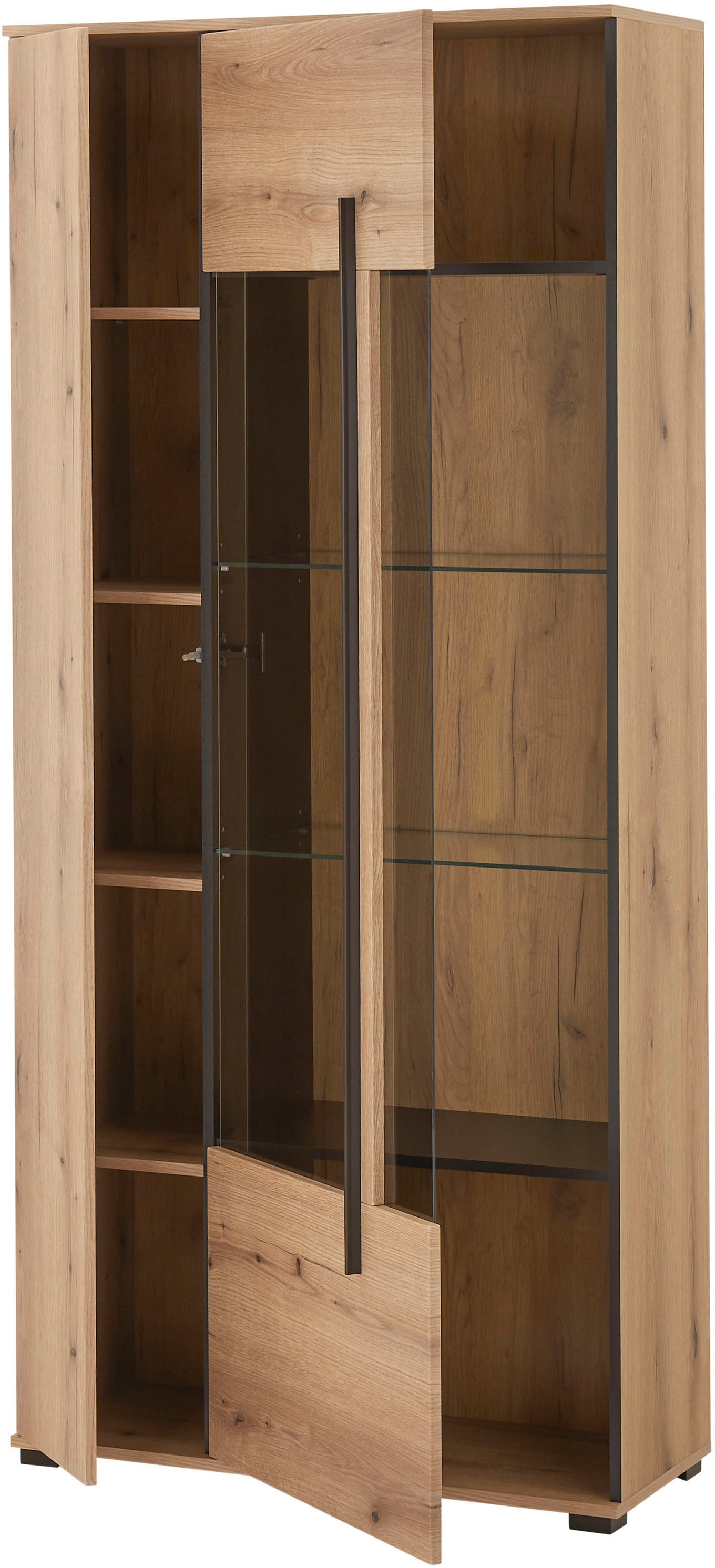 INOSIGN Vitrine »Cantara, Vitrinenschrank in Eiche Evoke oder weiss, Standvitrine«, schwarzer Stangengriff, ausreichend Stauraum, vielseitig einsetzbar