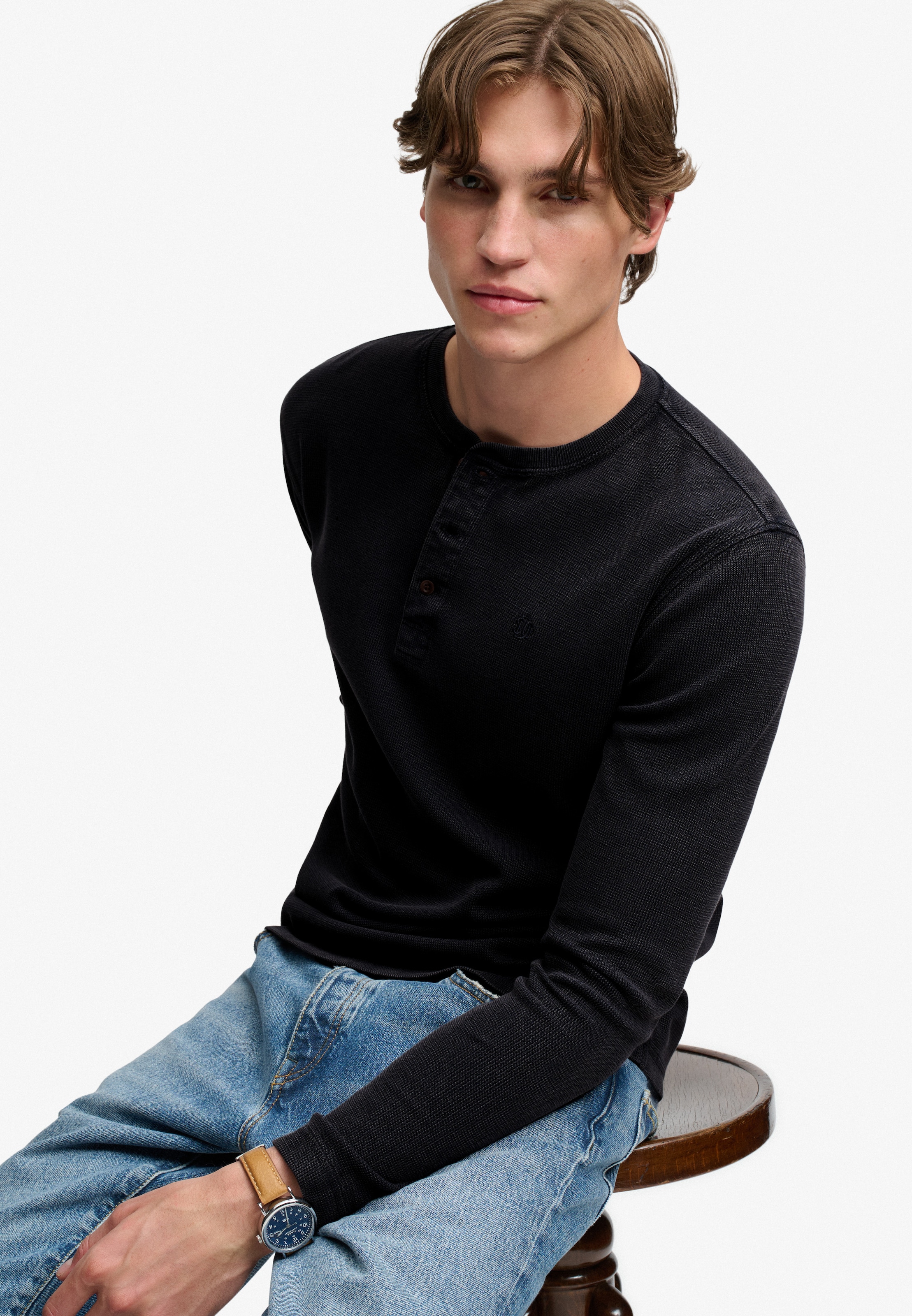 Superdry T-shirt à manches longues »WAFFLE LONG SLEEVE HENLEY TOP« Baumwolle, relaxed fit