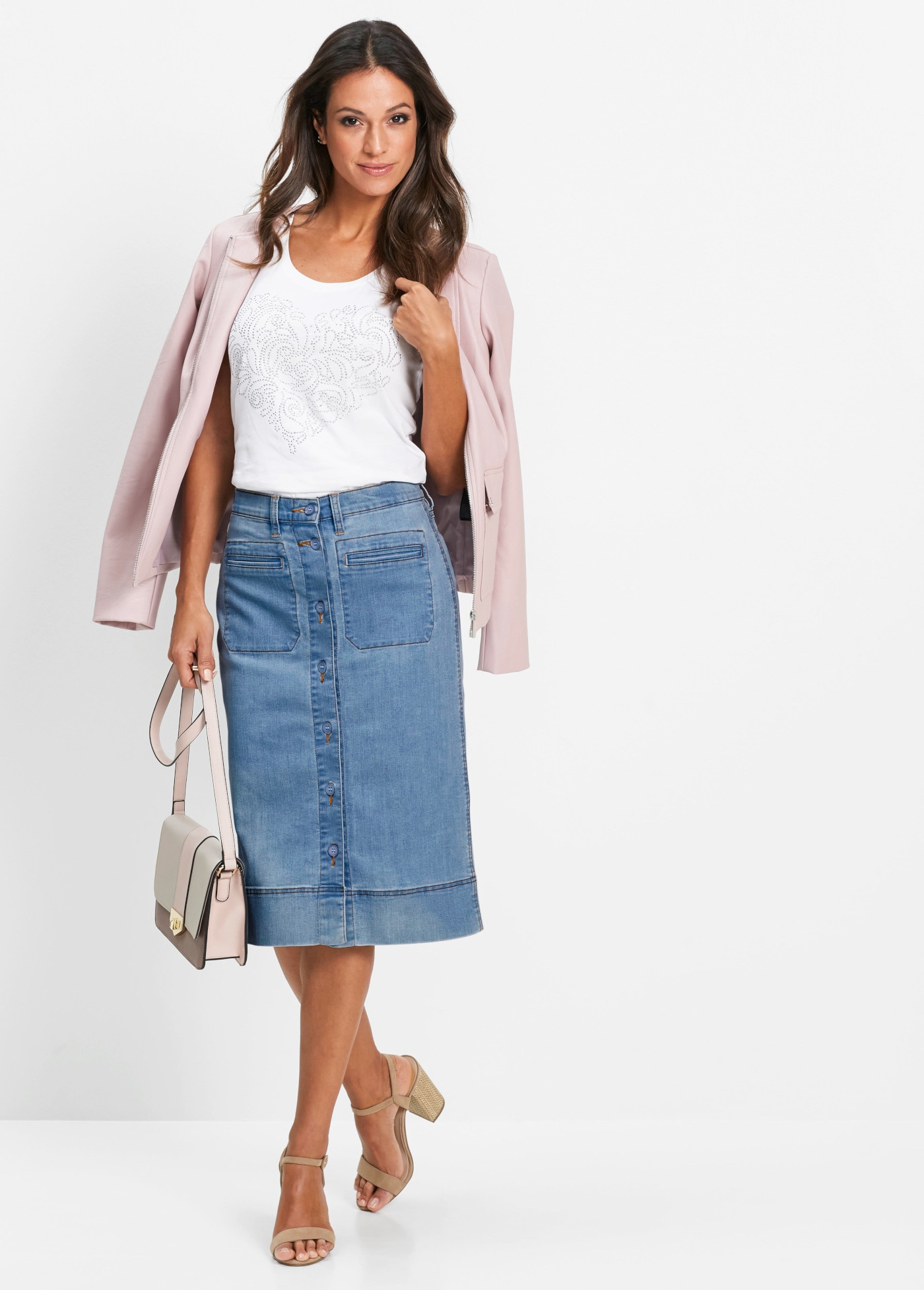 bonprix Jupe en jean coupe ajustée, avec patte de boutonnage
