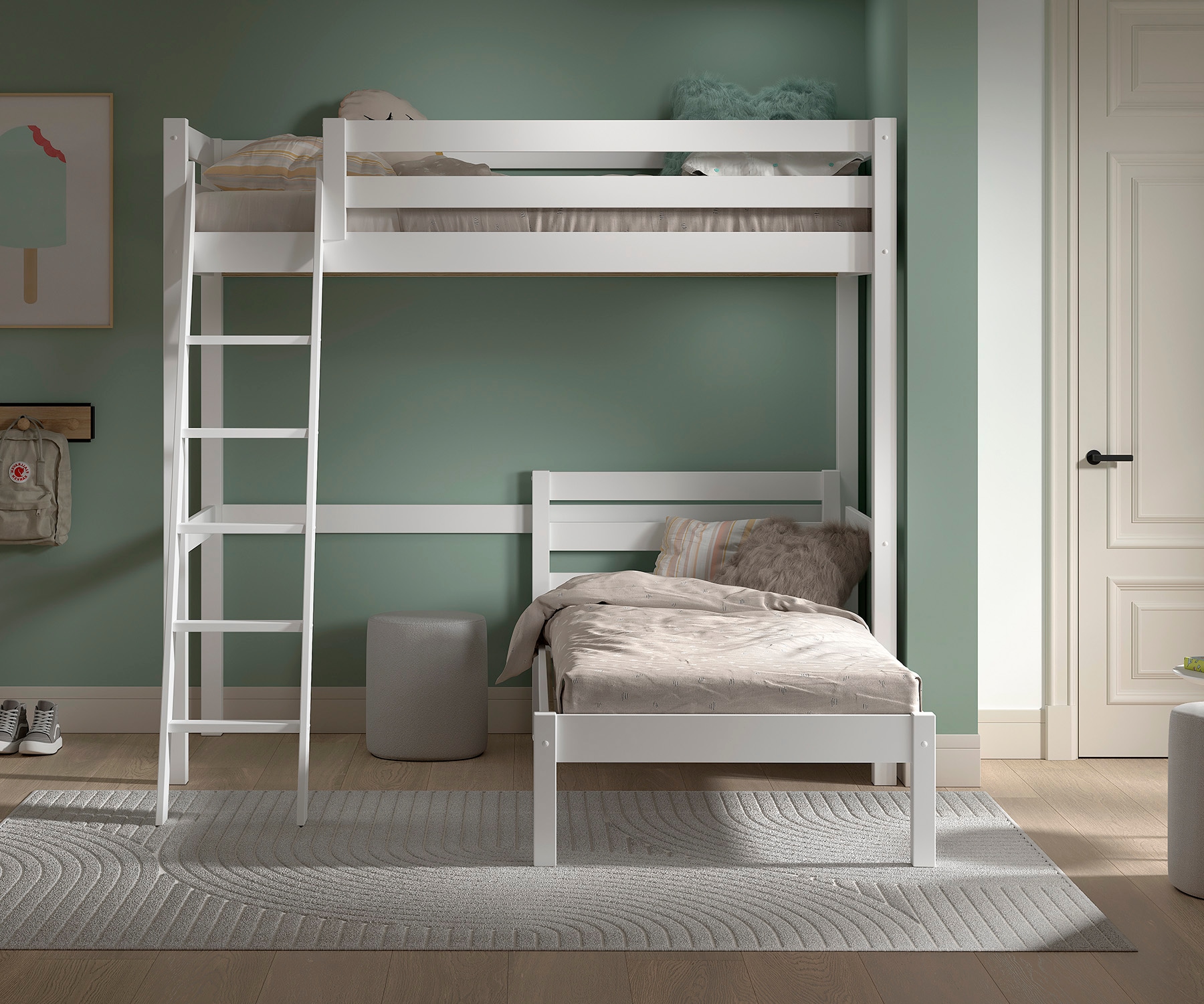 Vipack Lit superposé »mit 2 Liegeflächen 90/200 Made in Europe, Kiefer massiv weiss lackiert« L/H/P env. 209x190x211 cm, échelle inclinée, construction solide,  espace sous le lit utilisable, lit simple séparé