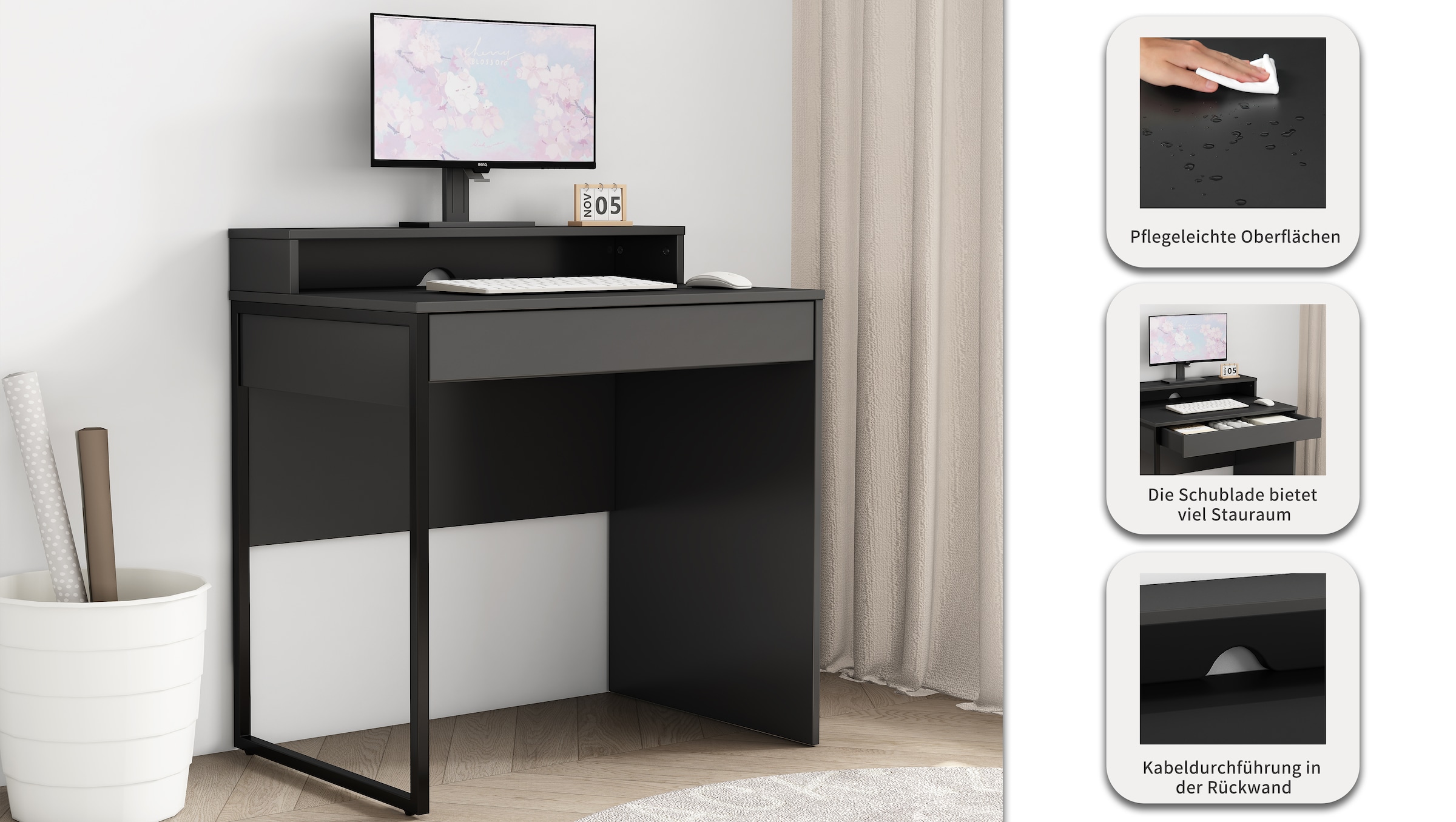 GOODproduct Schreibtisch »Moid, Computertisch in modernem Design« Breite 80 cm, mit Schublade, Kabeldurchlass & Metallkufe