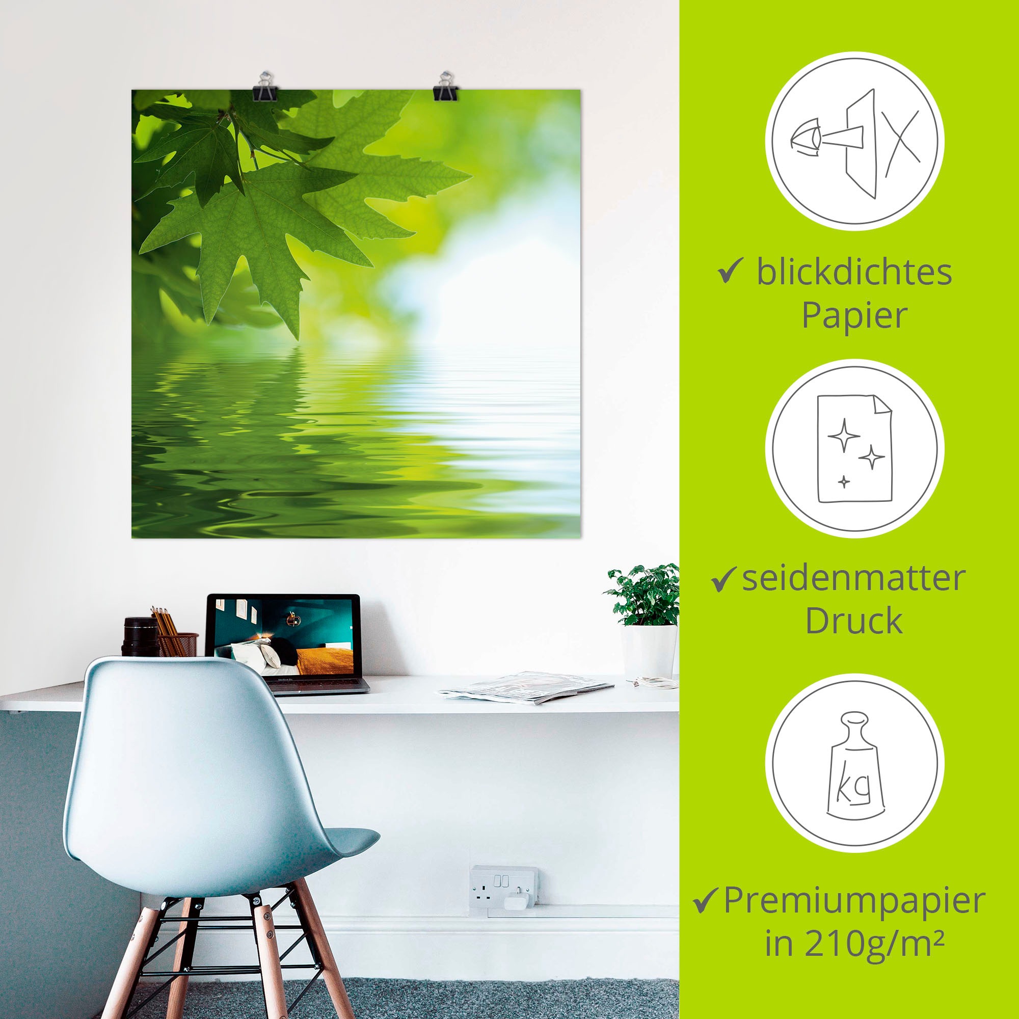 Artland Wandbild »Grüne Blätter reflektieren im Wasser«, Blätter, (1 St.), als Leinwandbild, Poster, Wandaufkleber in verschied. Grössen