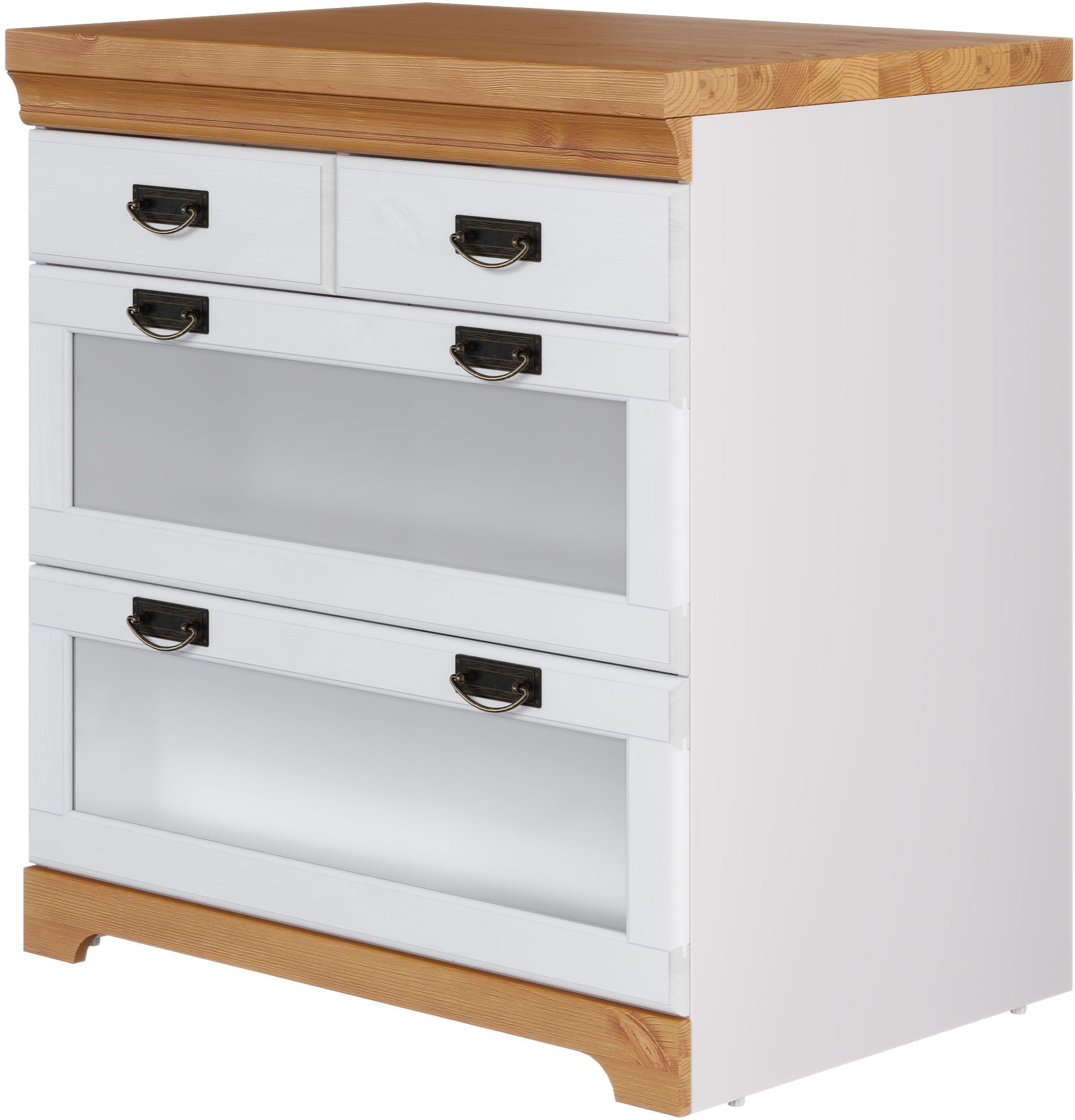 GOODproduct Armoire basse »Rügen« Breite 80 cm, Kiefer massiv, Schubkästen mit Glaseinsatz