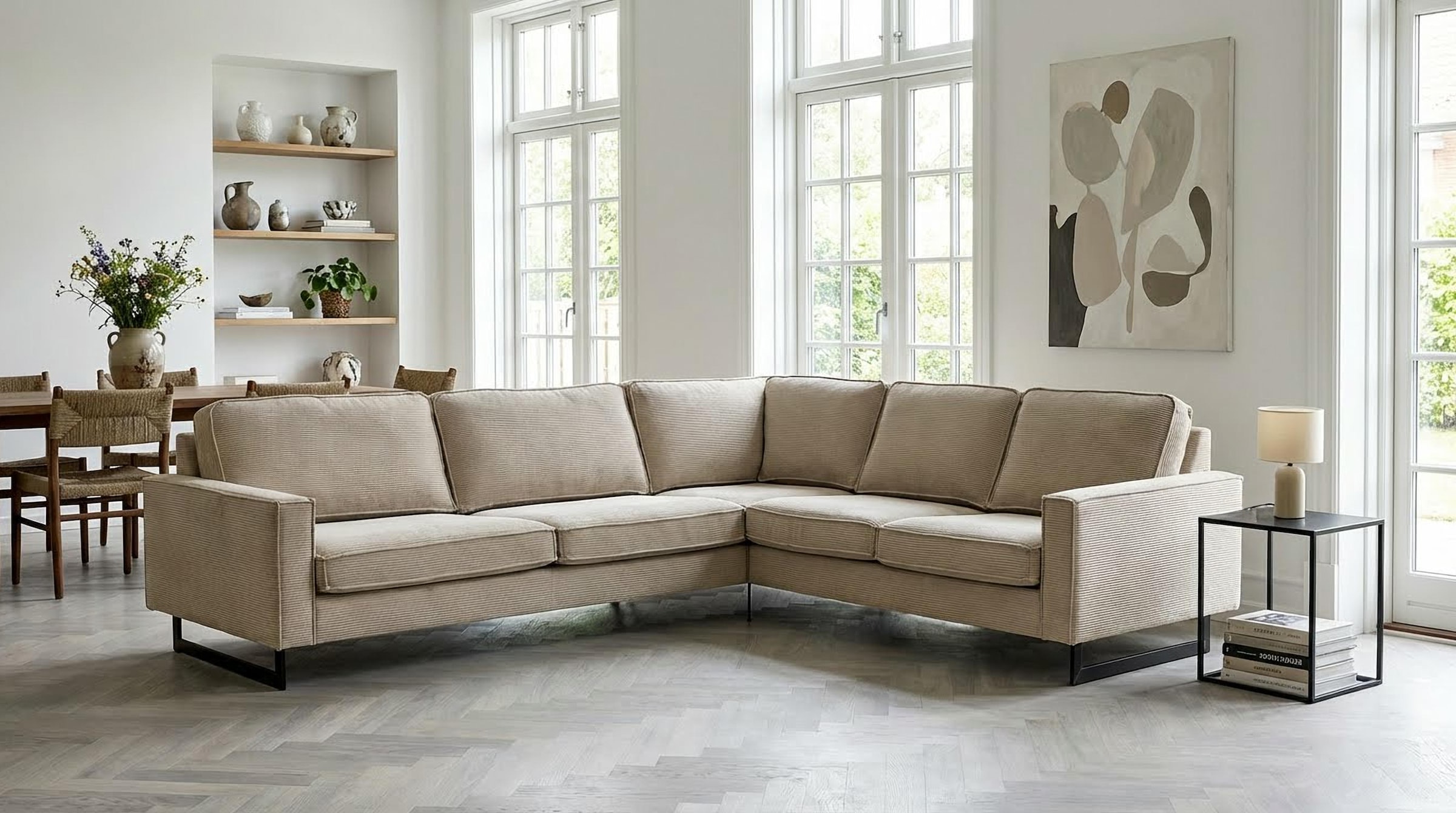 Home affaire Canapé d'angle »Pinto, XXL, 250/290 cm, langer Schenkel, Ottomane« Cord, Chenille, Lederoptik, mit Keder, Metallfüsse, Wellenunterfederung