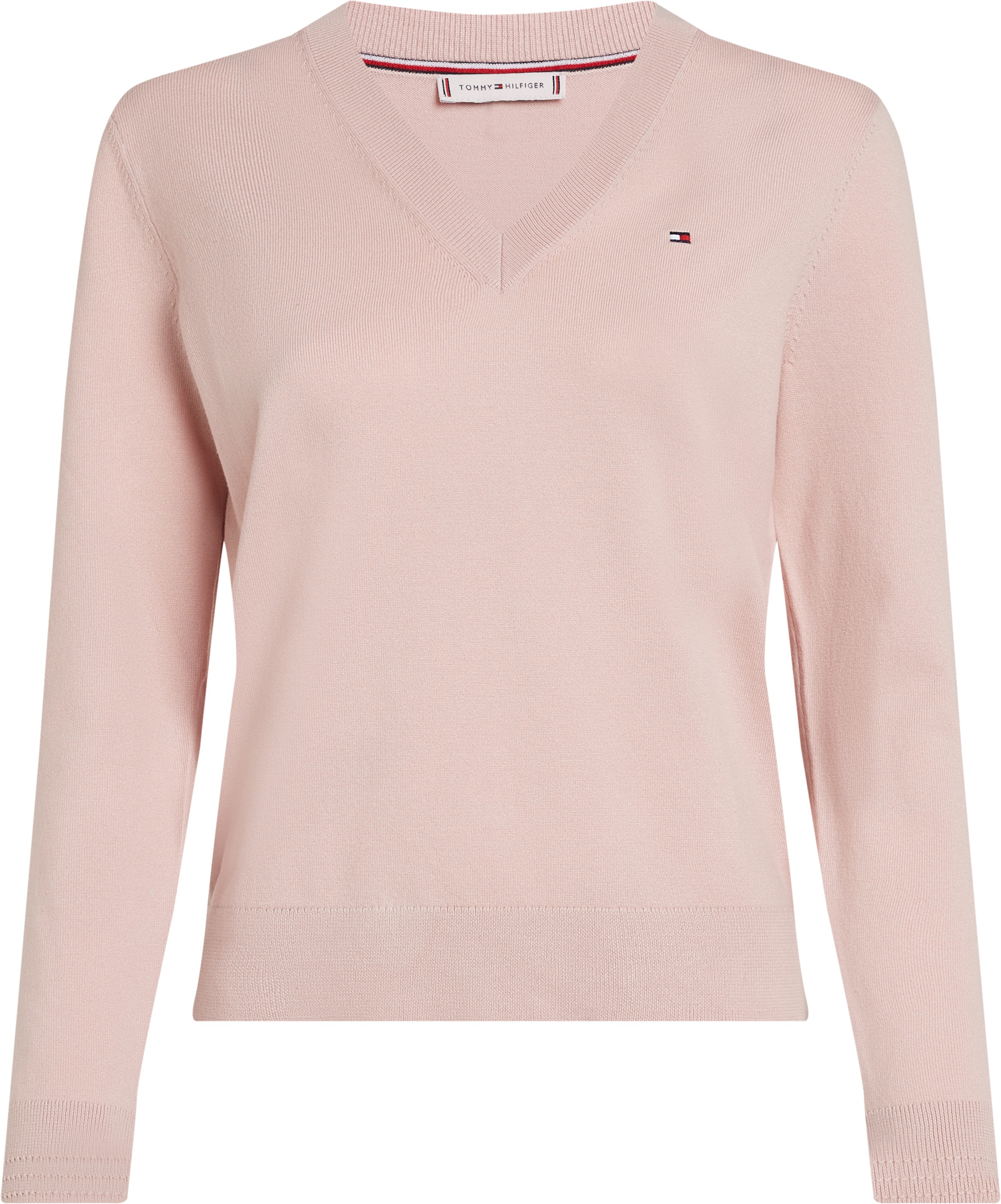 Tommy Hilfiger V-Ausschnitt-Pullover »CO JERSEY STITCH V-NK SWEATER mit V-Ausschnitt und Ripp«, unifarben, casual, regular fit, Baumwollmix, V-Ausschnitt